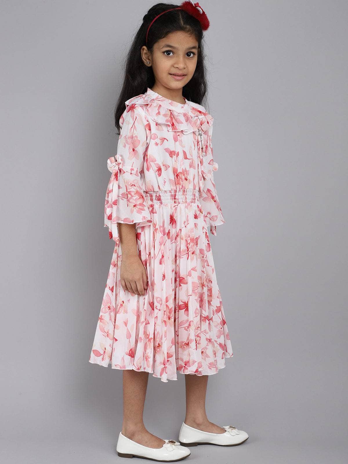 Little Angels Little Angels Girl's Dress Bell Sleeves Floral Print Cotton Calf Length Party Wear Pleated Dress with Hanging Pearl Brooch Party Wear Bell Sleeves Floral Print Cotton Pleated Dress with Hanging Pearl Brooch