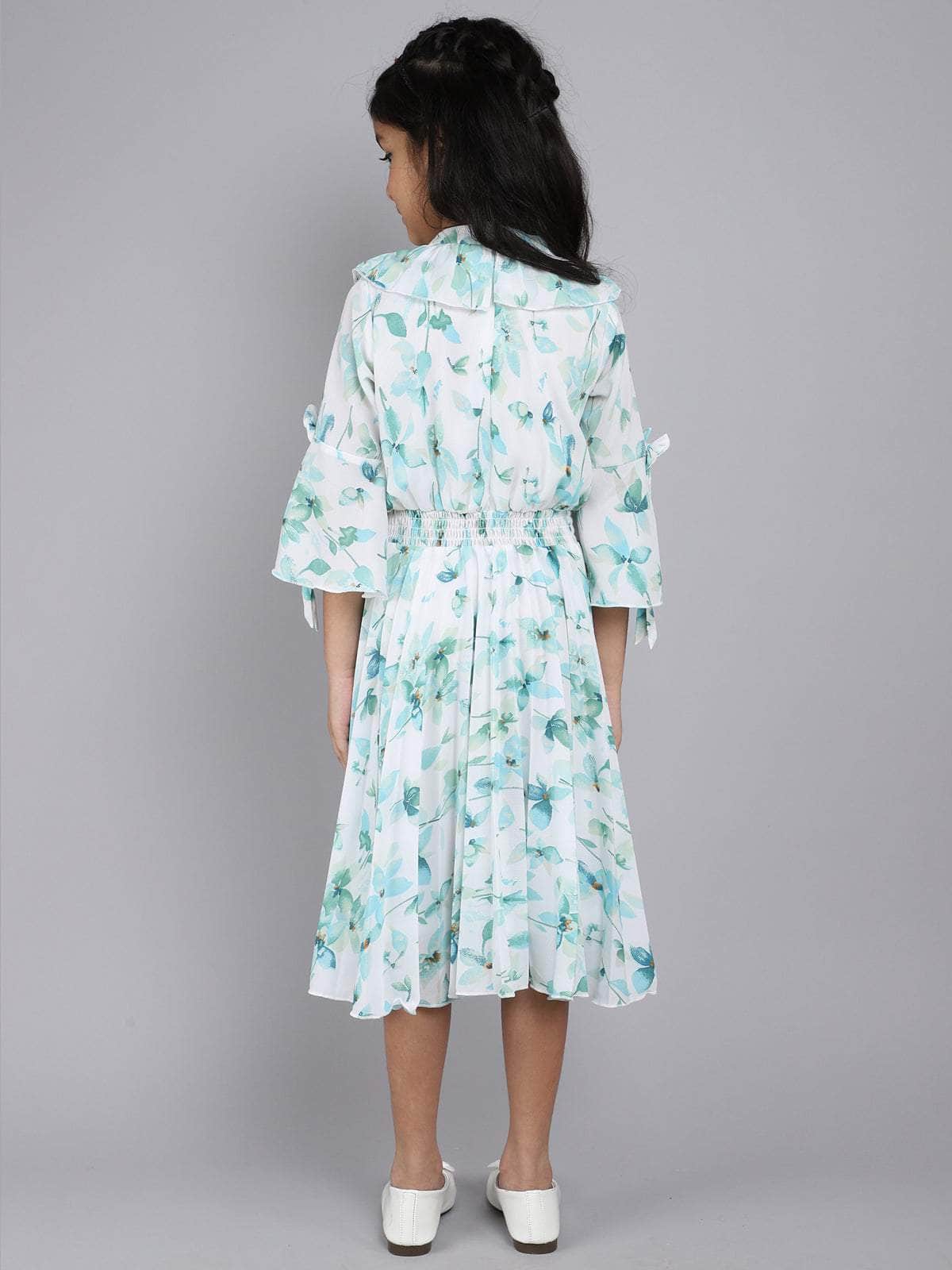 Little Angels Little Angels Girl's Dress Bell Sleeves Floral Print Cotton Calf Length Party Wear Pleated Dress with Hanging Pearl Brooch Party Wear Bell Sleeves Floral Print Cotton Pleated Dress with Hanging Pearl Brooch