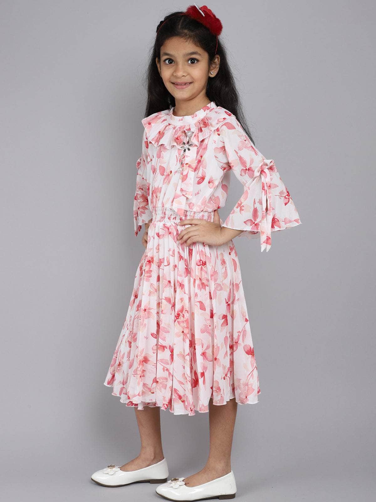 Little Angels Little Angels Girl's Dress Bell Sleeves Floral Print Cotton Calf Length Party Wear Pleated Dress with Hanging Pearl Brooch Party Wear Bell Sleeves Floral Print Cotton Pleated Dress with Hanging Pearl Brooch