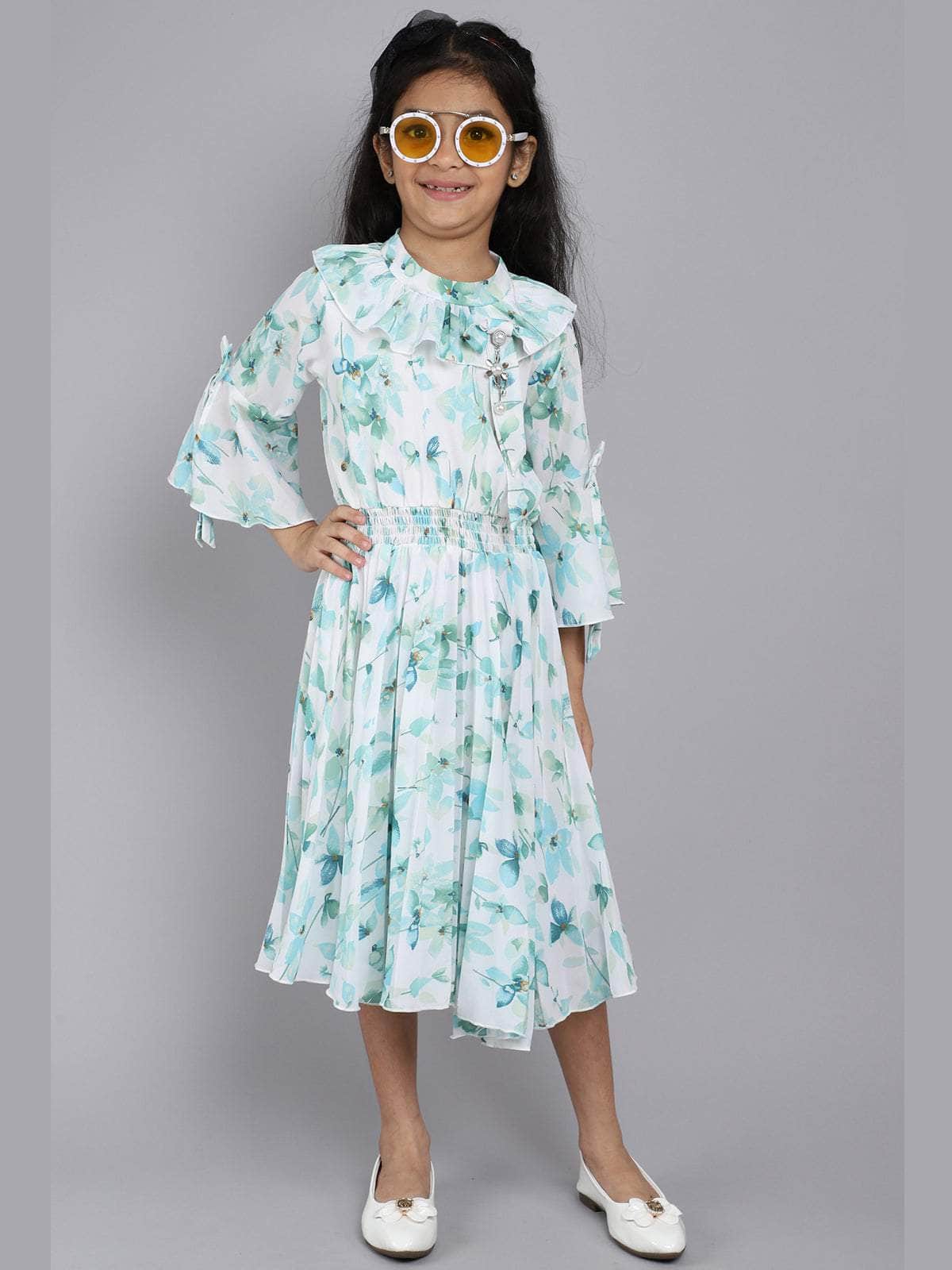 Little Angels Little Angels Girl's Dress Bell Sleeves Floral Print Cotton Calf Length Party Wear Pleated Dress with Hanging Pearl Brooch Party Wear Bell Sleeves Floral Print Cotton Pleated Dress with Hanging Pearl Brooch