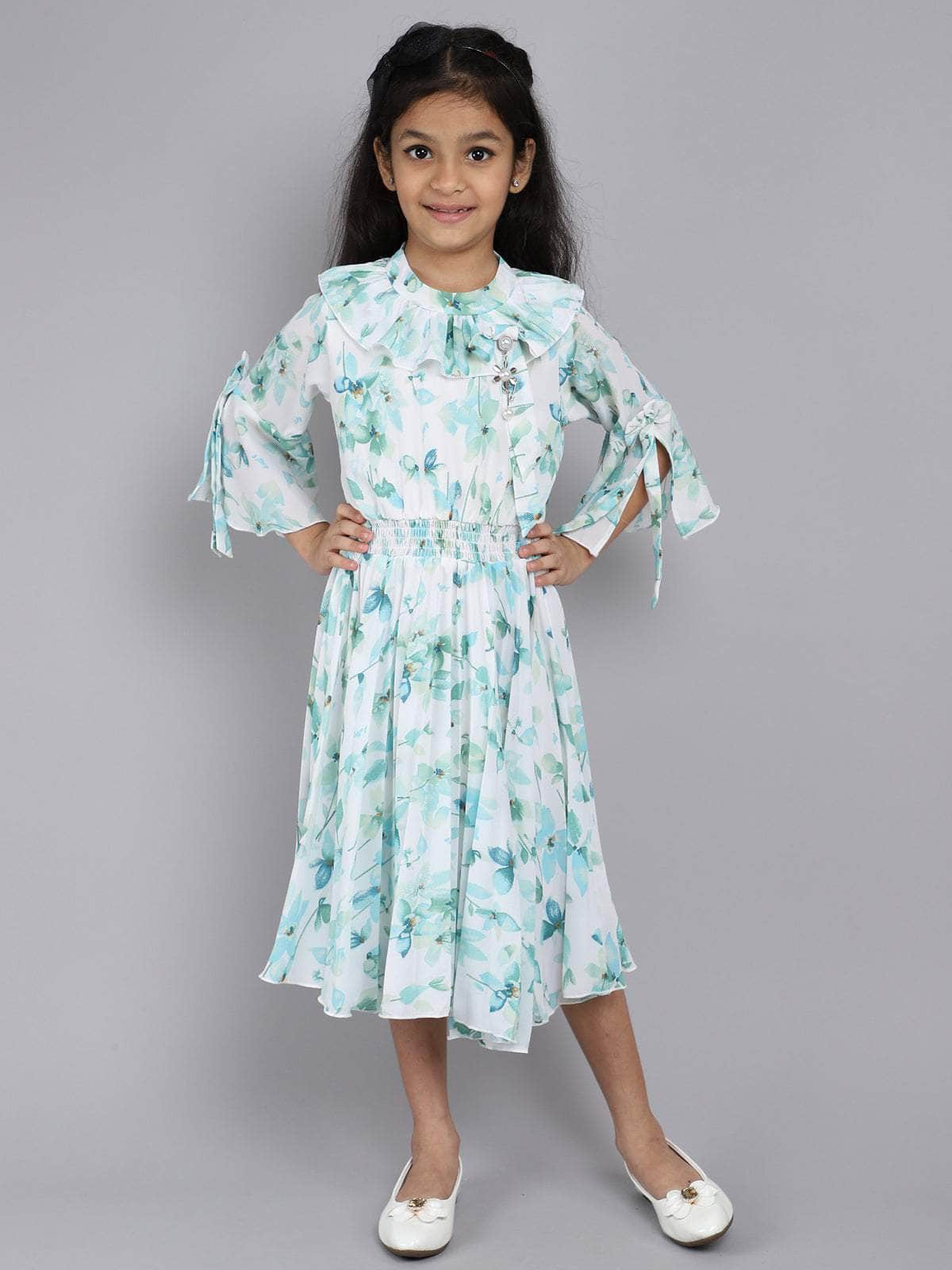 Little Angels Little Angels Girl's Dress Bell Sleeves Floral Print Cotton Calf Length Party Wear Pleated Dress with Hanging Pearl Brooch Party Wear Bell Sleeves Floral Print Cotton Pleated Dress with Hanging Pearl Brooch