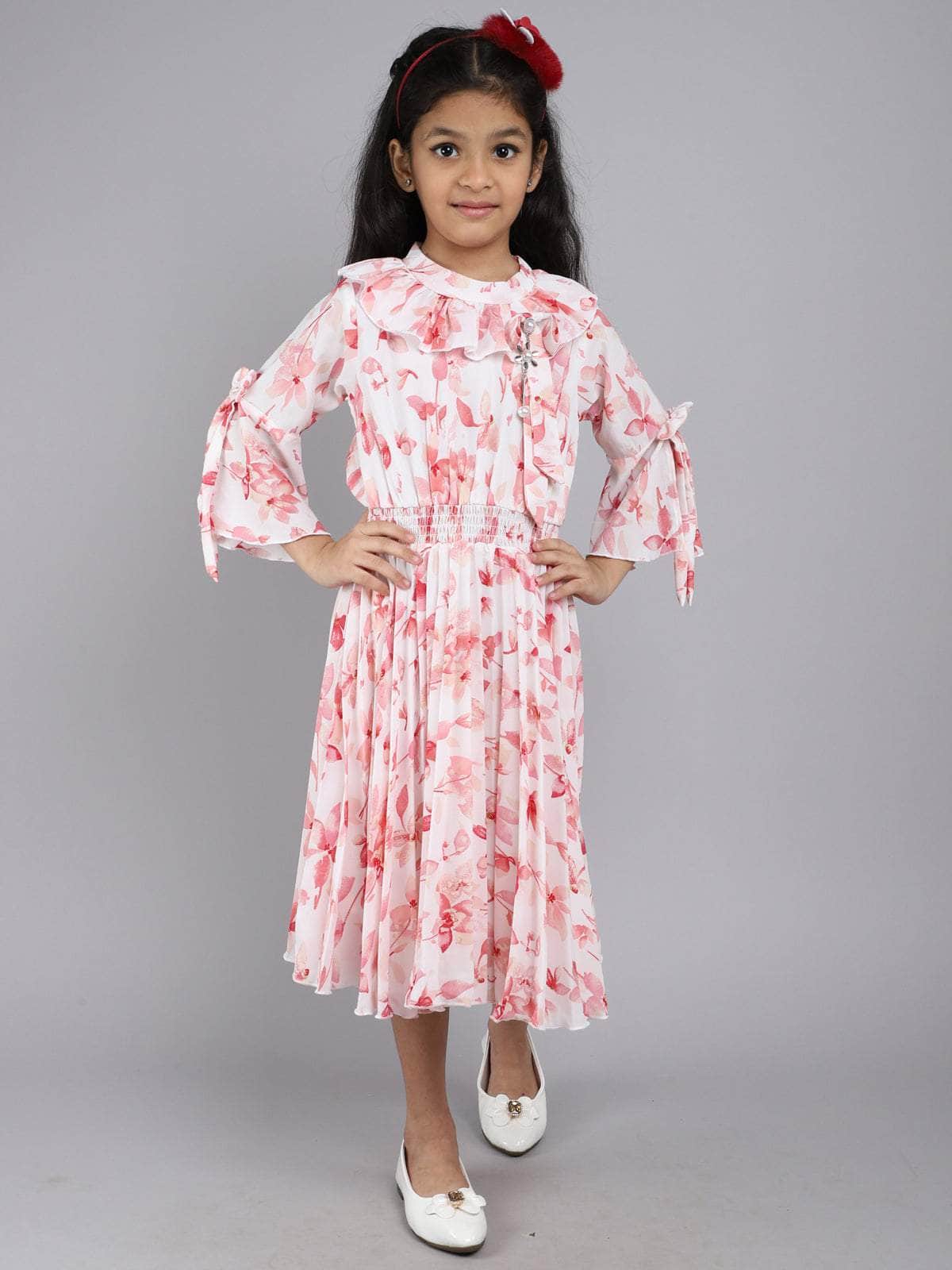 Little Angels Little Angels Girl's Dress Bell Sleeves Floral Print Cotton Calf Length Party Wear Pleated Dress with Hanging Pearl Brooch Party Wear Bell Sleeves Floral Print Cotton Pleated Dress with Hanging Pearl Brooch