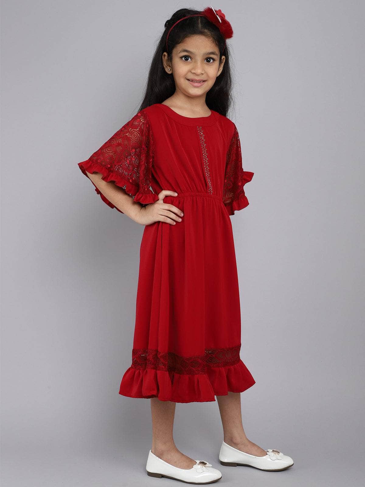 Little Angels Little Angels Girl's Dress Lace Crape Knee-Length Party Wear Fit & Flared Dress Party Wear Flared Sleeves Lace Design Fit & Flared Dress