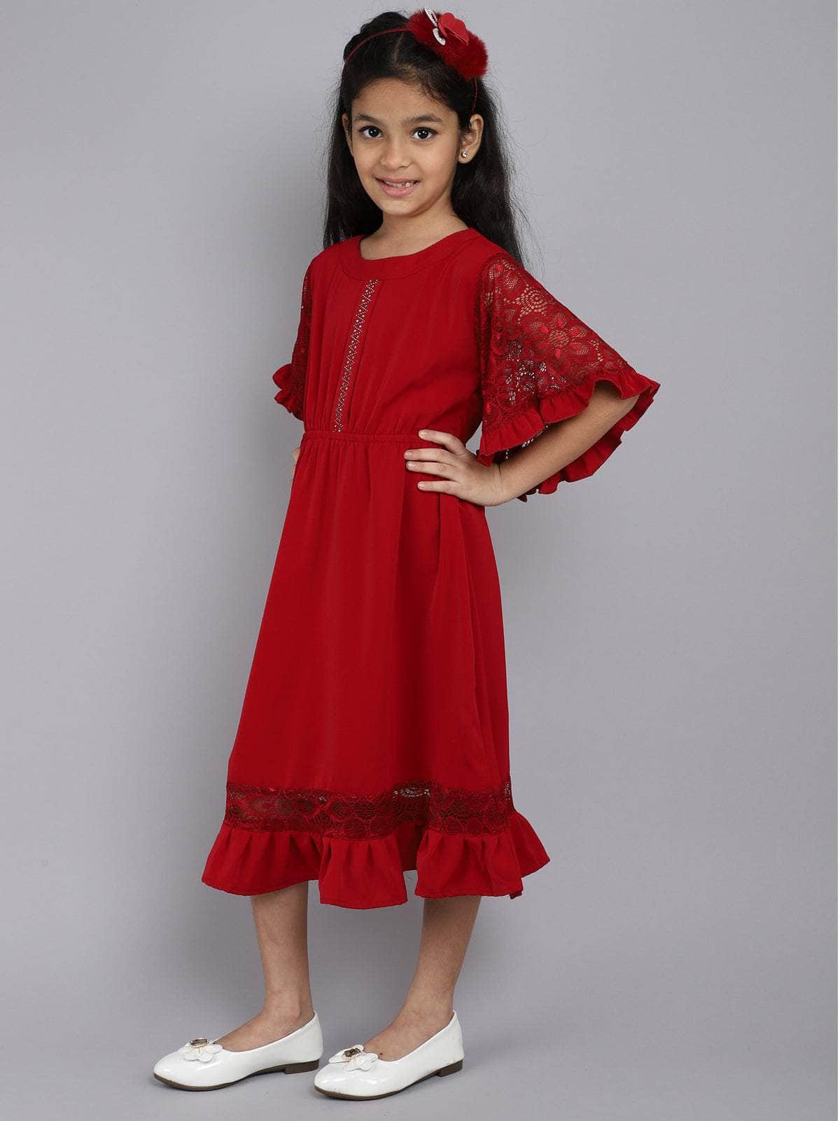 Little Angels Little Angels Girl's Dress Lace Crape Knee-Length Party Wear Fit & Flared Dress Party Wear Flared Sleeves Lace Design Fit & Flared Dress