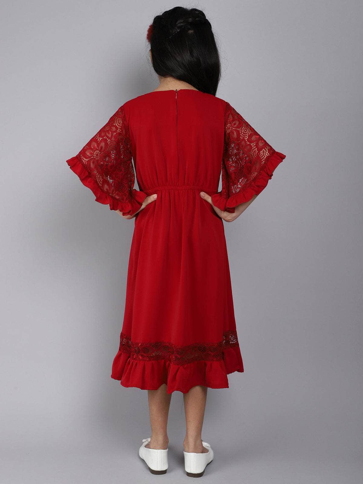 Little Angels Little Angels Girl's Dress Lace Crape Knee-Length Party Wear Fit & Flared Dress Party Wear Flared Sleeves Lace Design Fit & Flared Dress