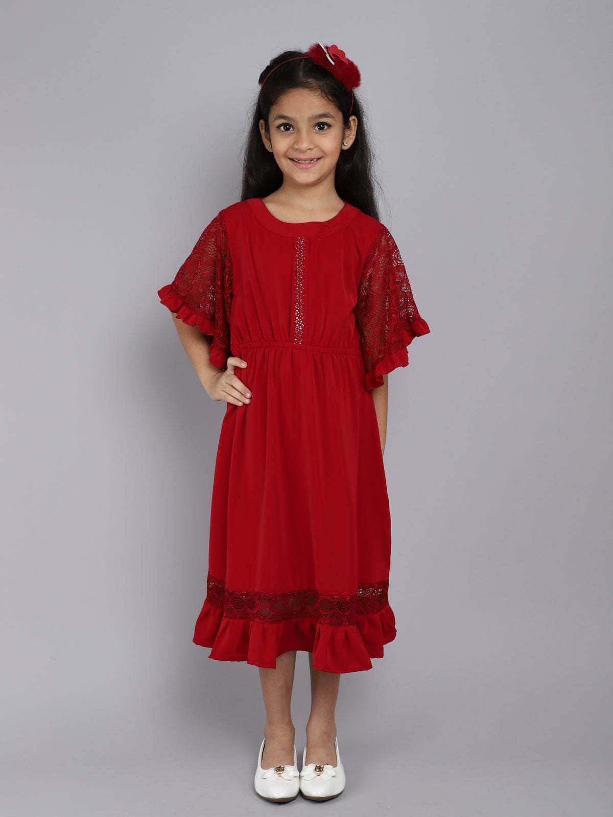 Little Angels Little Angels Girl's Dress Lace Crape Knee-Length Party Wear Fit & Flared Dress Party Wear Flared Sleeves Lace Design Fit & Flared Dress