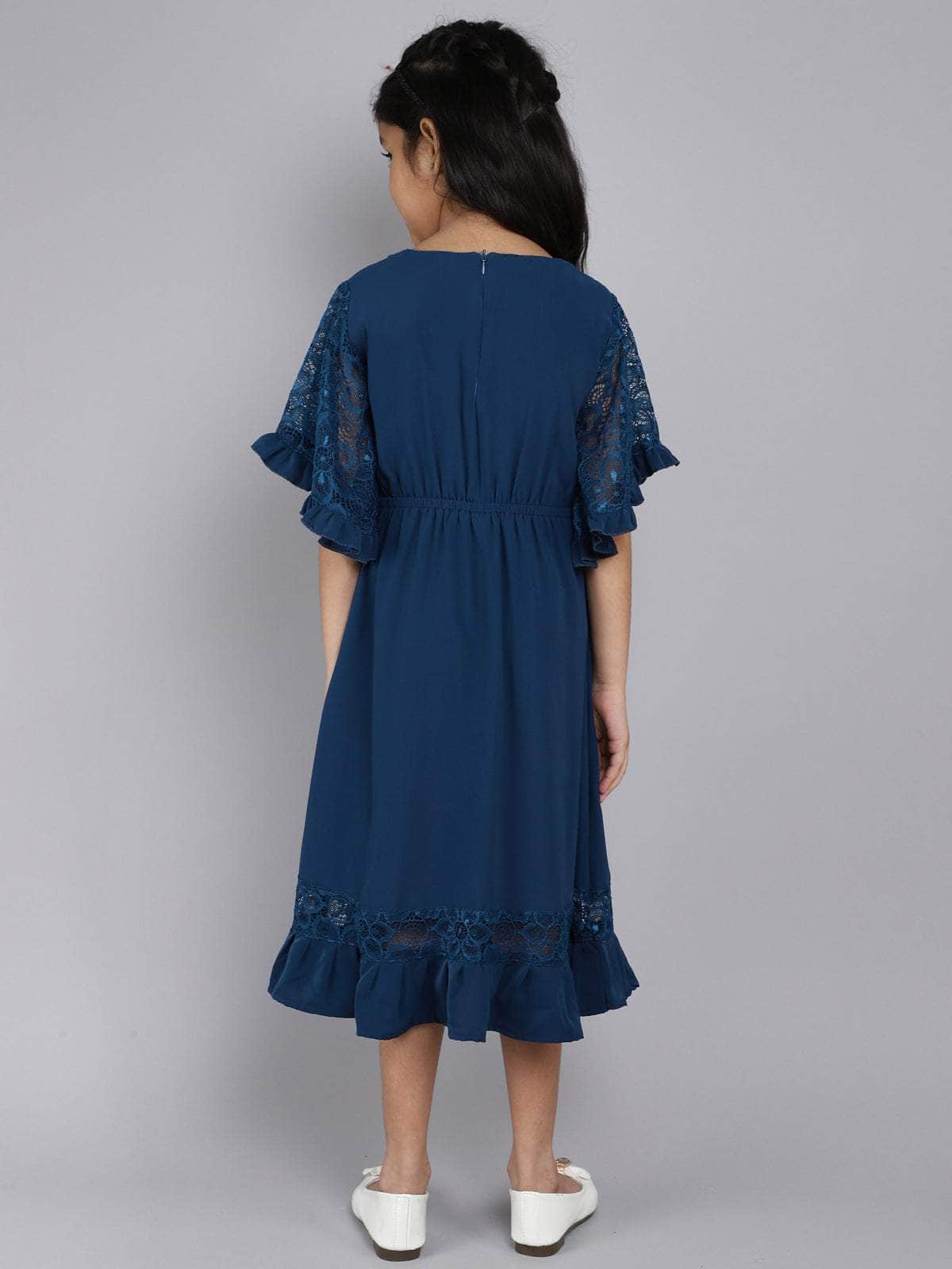 Little Angels Little Angels Girl's Dress Lace Crape Knee-Length Party Wear Fit & Flared Dress Party Wear Flared Sleeves Lace Design Fit & Flared Dress