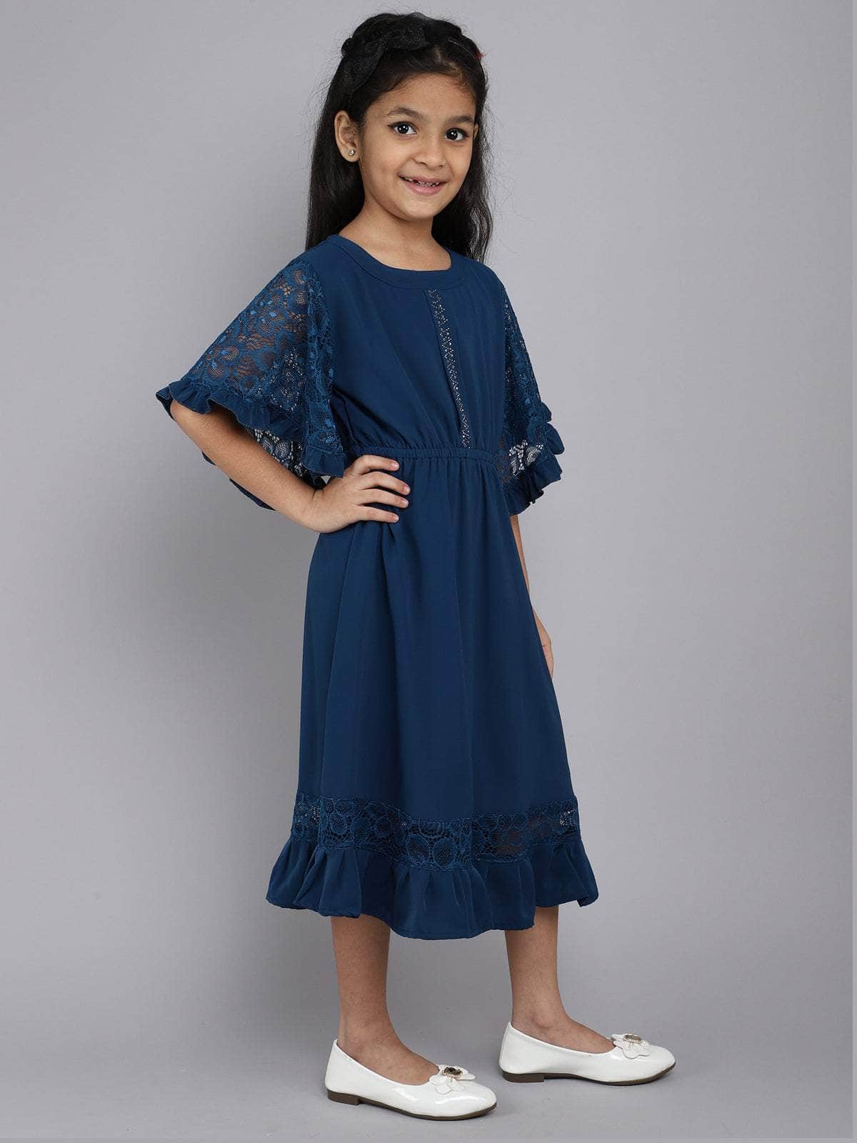 Little Angels Little Angels Girl's Dress Lace Crape Knee-Length Party Wear Fit & Flared Dress Party Wear Flared Sleeves Lace Design Fit & Flared Dress