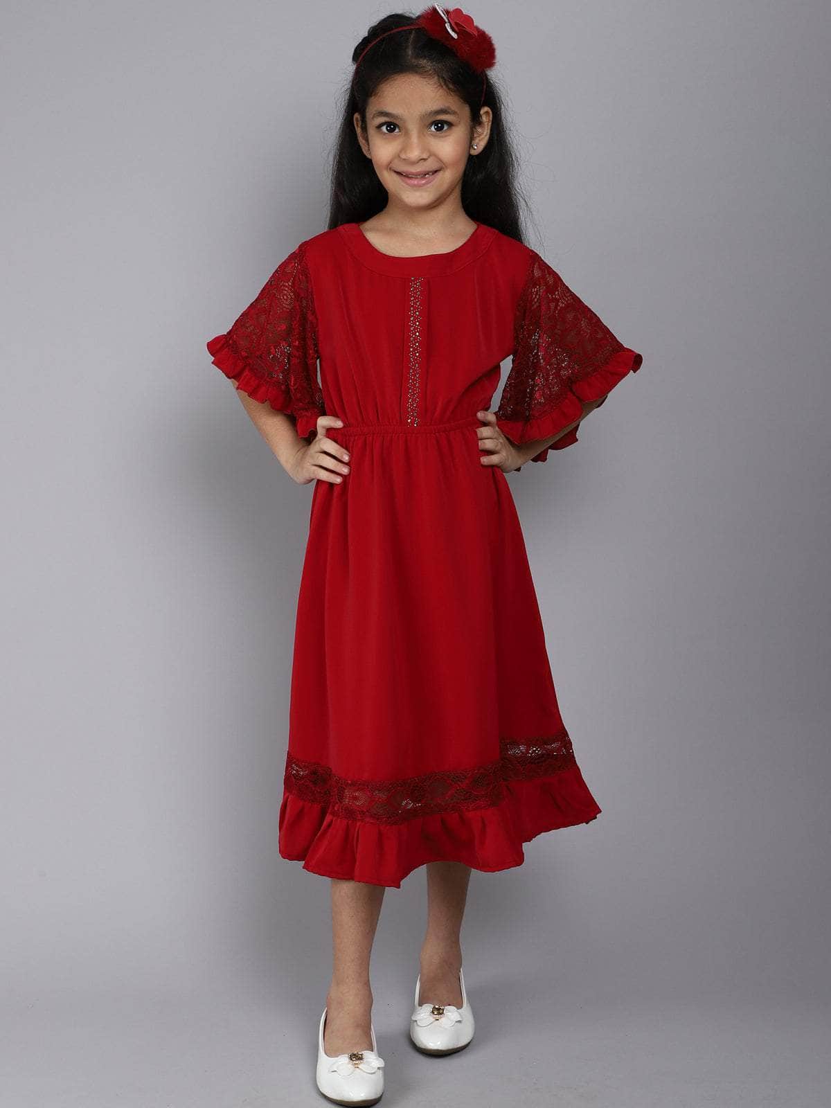 Little Angels Little Angels Girl's Dress Lace Crape Knee-Length Party Wear Fit & Flared Dress Party Wear Flared Sleeves Lace Design Fit & Flared Dress