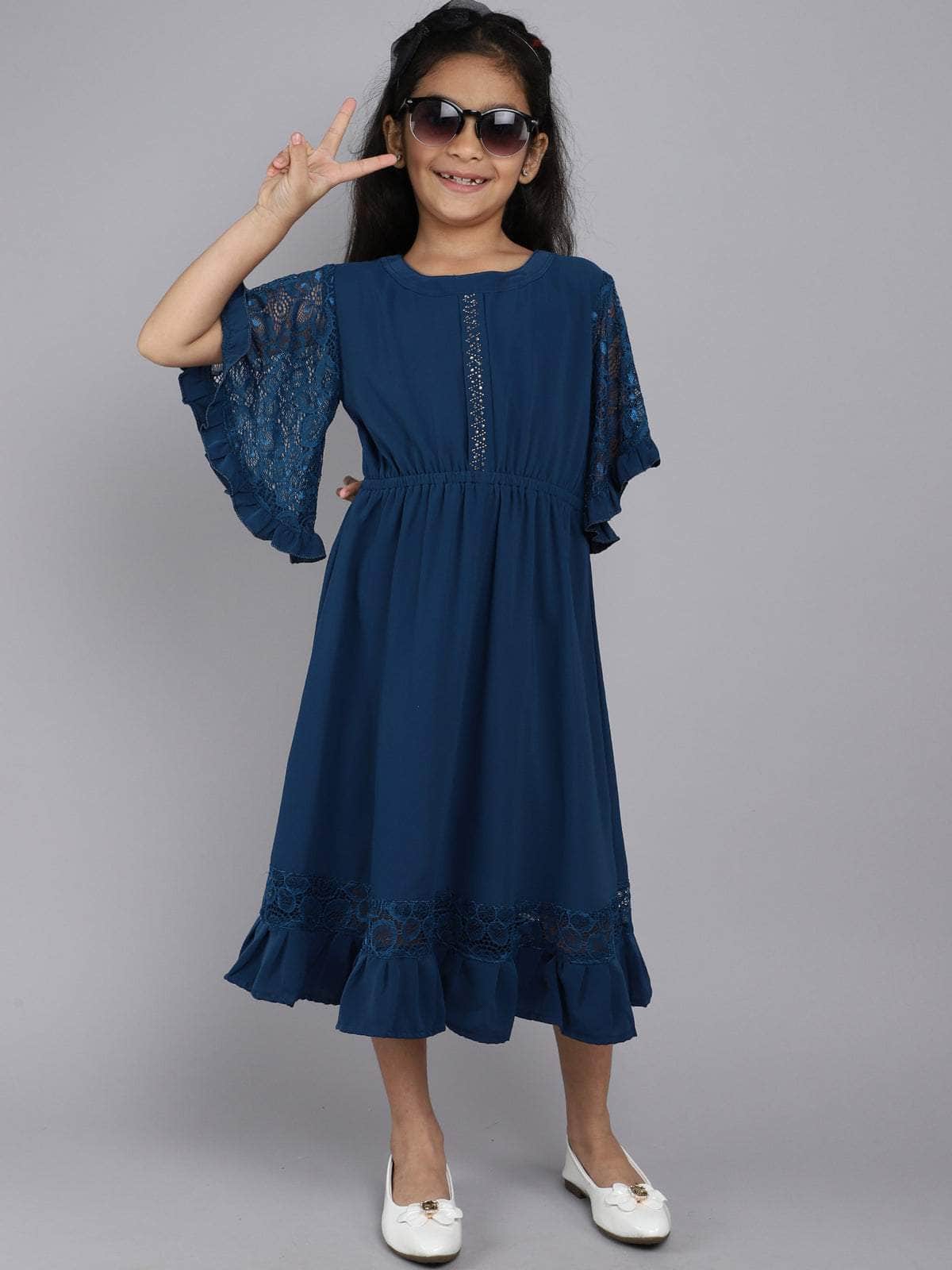 Little Angels Little Angels Girl's Dress Lace Crape Knee-Length Party Wear Fit & Flared Dress Party Wear Flared Sleeves Lace Design Fit & Flared Dress