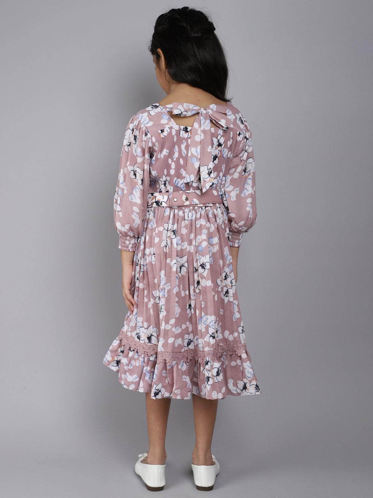 Little Angels Little Angels Girl's Dress Puffed Sleeves Floral Print Cotton Knee-Length Fit & Flare Dress with Belt Party Wear Puffed Sleeves Floral Print Cotton Fit & Flare Dress with Belt