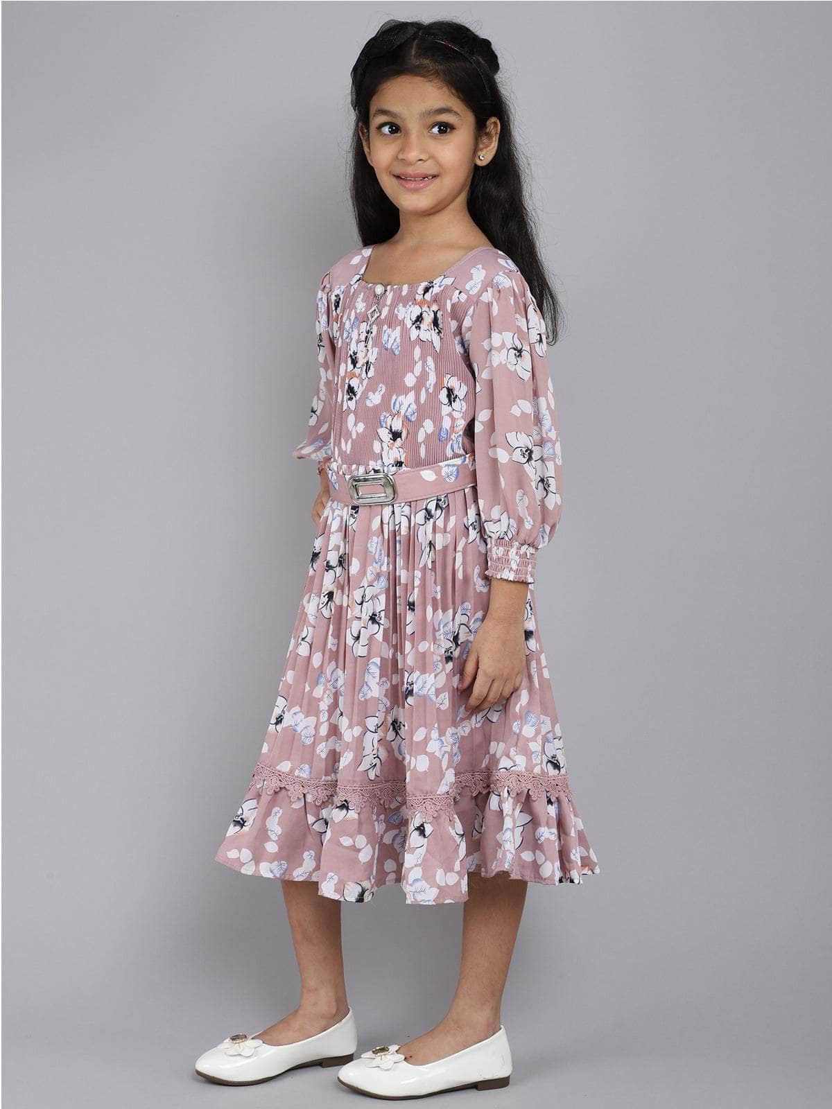 Little Angels Little Angels Girl's Dress Puffed Sleeves Floral Print Cotton Knee-Length Fit & Flare Dress with Belt Party Wear Puffed Sleeves Floral Print Cotton Fit & Flare Dress with Belt