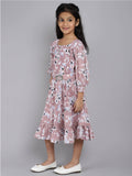 Little Angels Little Angels Girl's Dress Puffed Sleeves Floral Print Cotton Knee-Length Fit & Flare Dress with Belt Party Wear Puffed Sleeves Floral Print Cotton Fit & Flare Dress with Belt