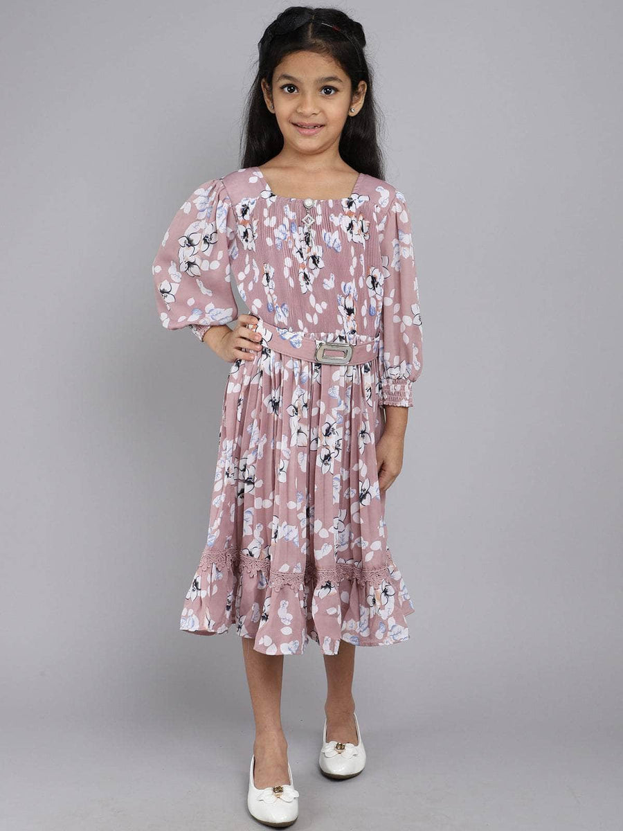 Little Angels Little Angels Girl's Dress Puffed Sleeves Floral Print Cotton Knee-Length Fit & Flare Dress with Belt Party Wear Puffed Sleeves Floral Print Cotton Fit & Flare Dress with Belt