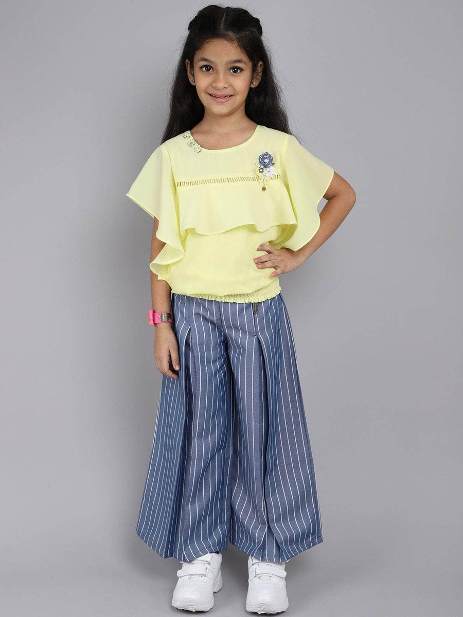 Little Angels Little Angels Girls Cotton 2 Piece Set - Round Neck, Butterfly Sleeves, Applique Flowers Design Top and Striped Pants For 7 to 8 Years (Yellow) Party Wear Round Neck Butterfly Sleeves Applique Flowers Design Top and Striped Pants