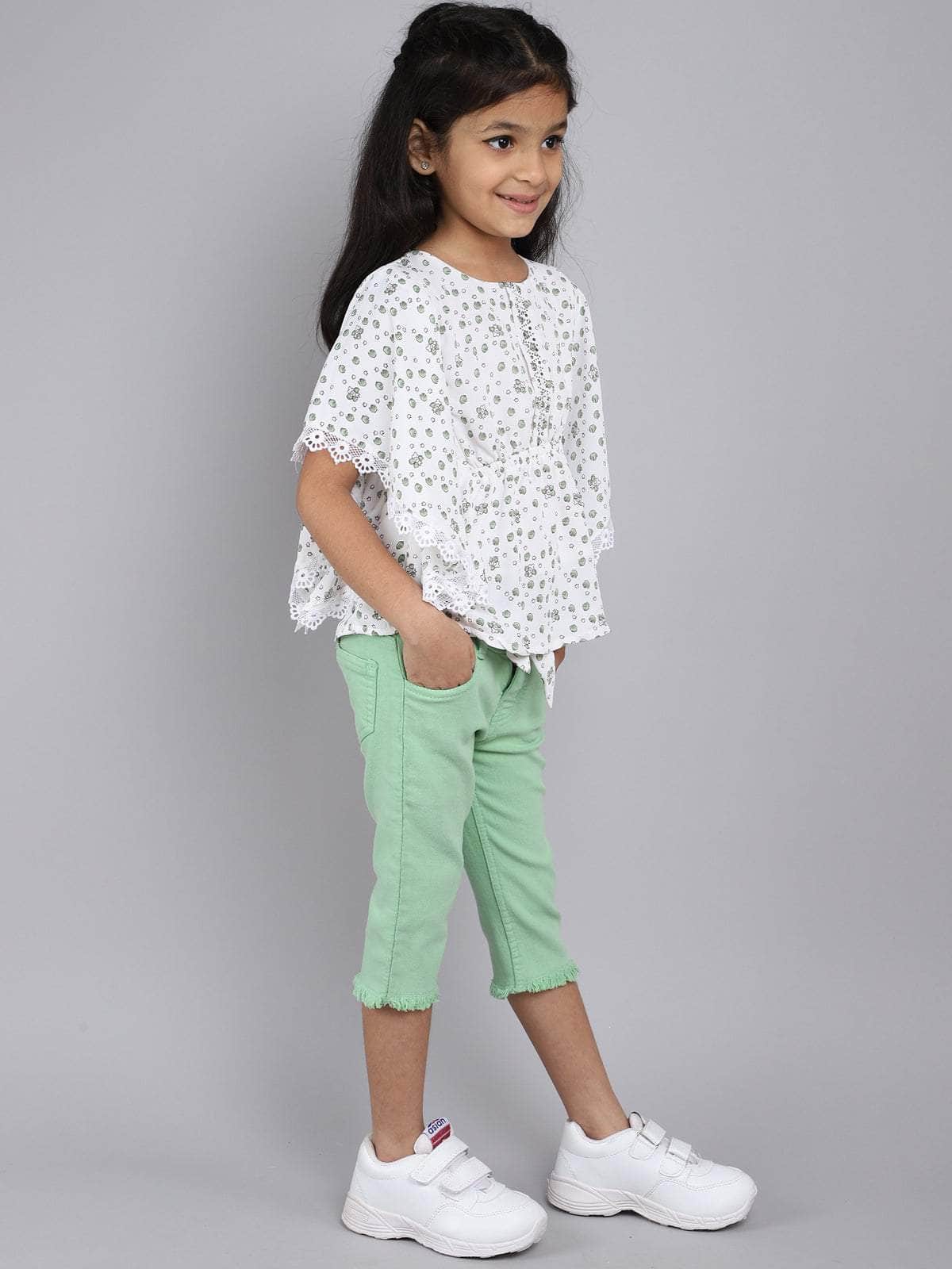 Little Angels Little Angels Girls Cotton Top and Capri Set Round Neck Butterfly Sleeves Printed White 2 Piece Set Party Wear Round Neck Butterfly Sleeves Printed Top and Capri Set