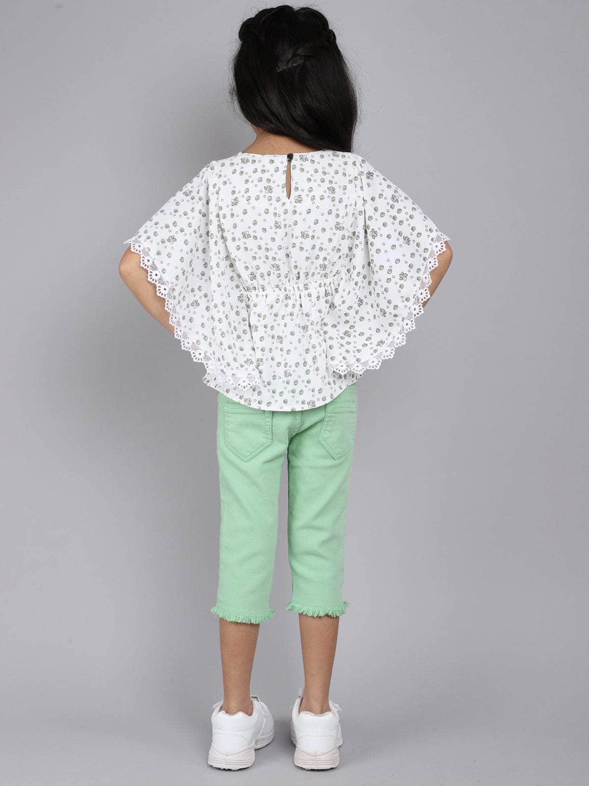 Little Angels Little Angels Girls Cotton Top and Capri Set Round Neck Butterfly Sleeves Printed White 2 Piece Set Party Wear Round Neck Butterfly Sleeves Printed Top and Capri Set