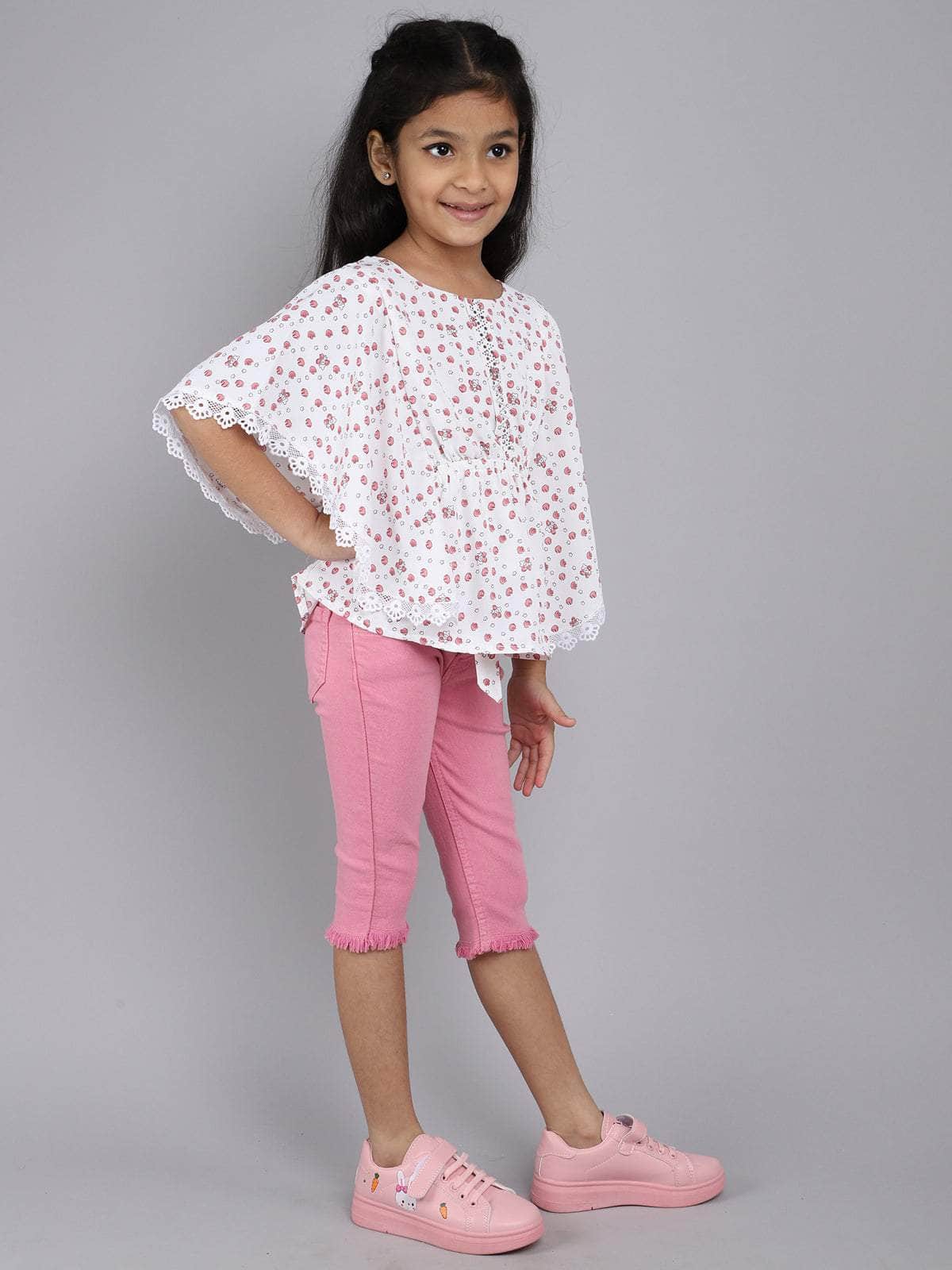 Little Angels Little Angels Girls Cotton Top and Capri Set Round Neck Butterfly Sleeves Printed Pink 2 Piece Set Party Wear Round Neck Butterfly Sleeves Printed Top and Capri Set