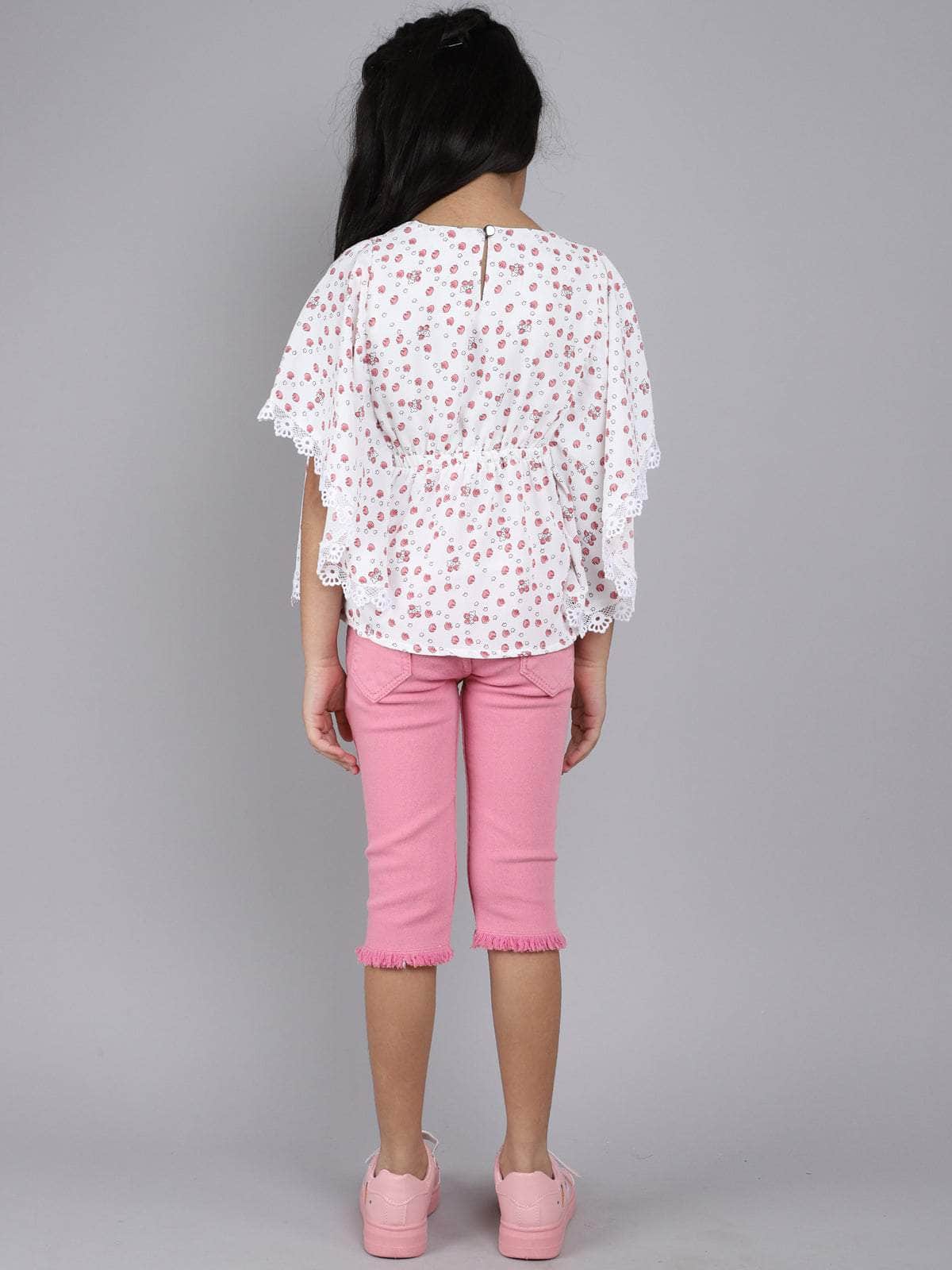 Little Angels Little Angels Girls Cotton Top and Capri Set Round Neck Butterfly Sleeves Printed Pink 2 Piece Set Party Wear Round Neck Butterfly Sleeves Printed Top and Capri Set