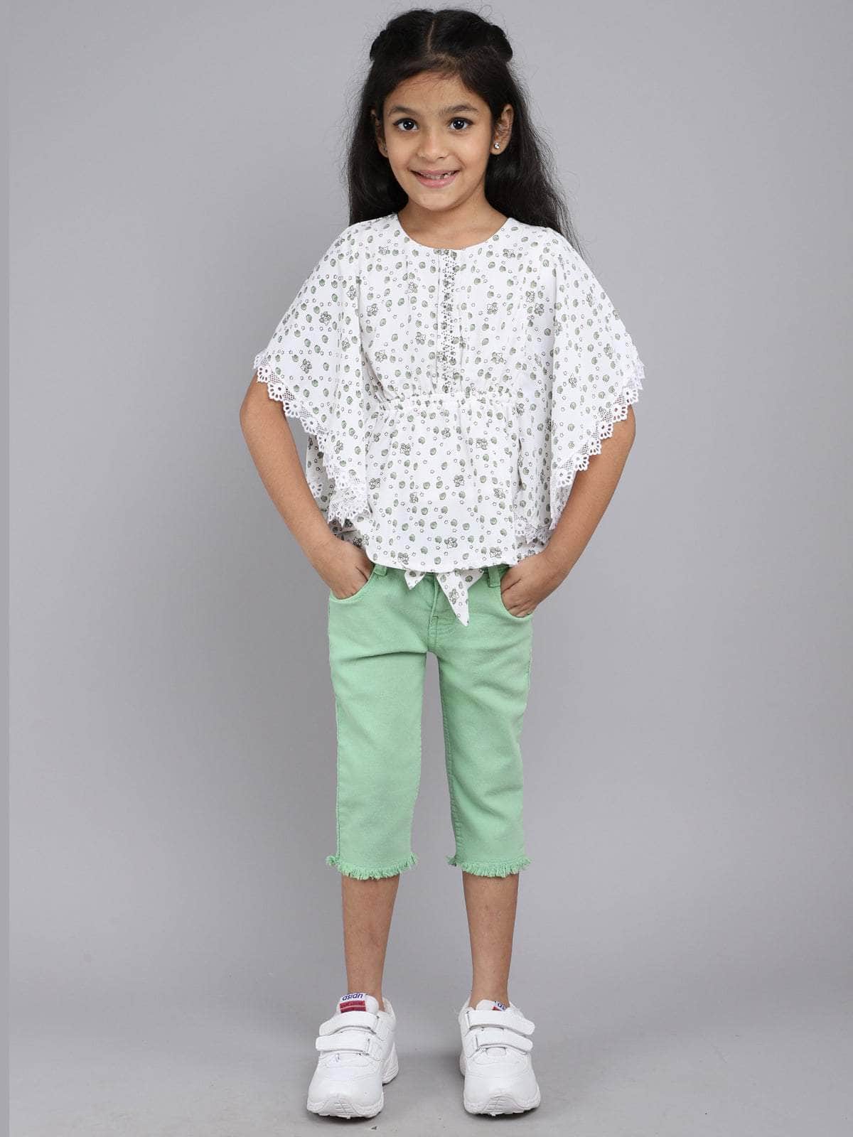 Little Angels Little Angels Girls Cotton Top and Capri Set Round Neck Butterfly Sleeves Printed White 2 Piece Set Party Wear Round Neck Butterfly Sleeves Printed Top and Capri Set