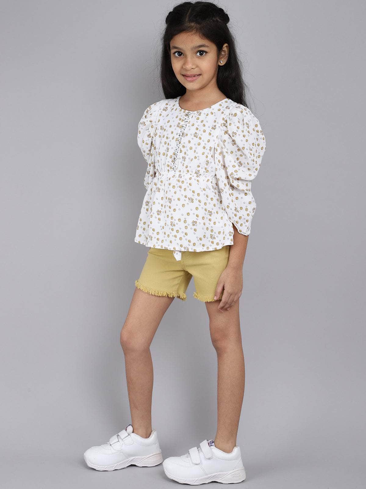 Little Angels Little Angels Girls Cotton Top and Shorts Set Round Neck Puff Sleeves Printed Yellow 2 Piece Set Party Wear Round Neck Puff Sleeves Printed Top and Shorts Set