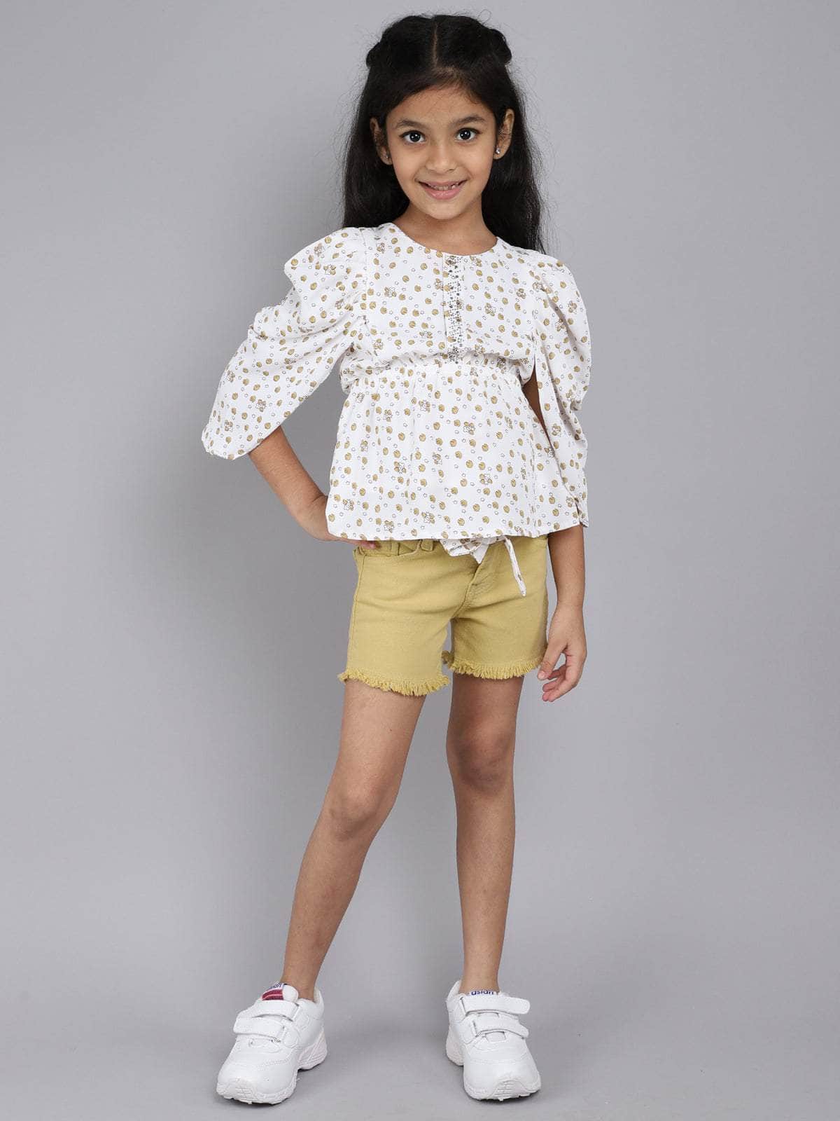 Little Angels Little Angels Girls Cotton Top and Shorts Set Round Neck Puff Sleeves Printed Yellow 2 Piece Set Party Wear Round Neck Puff Sleeves Printed Top and Shorts Set