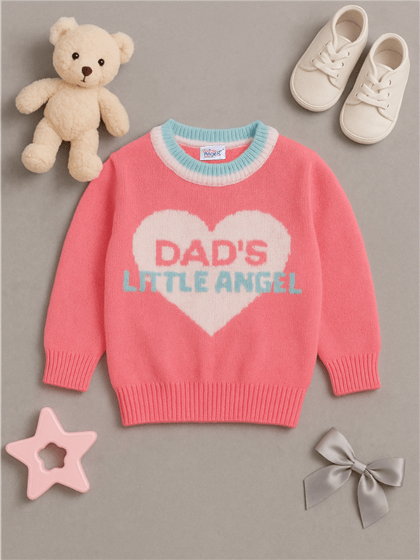 Neon Pink heart motif woollen pullover sweater for baby 3 months to 5 years by Little Angels