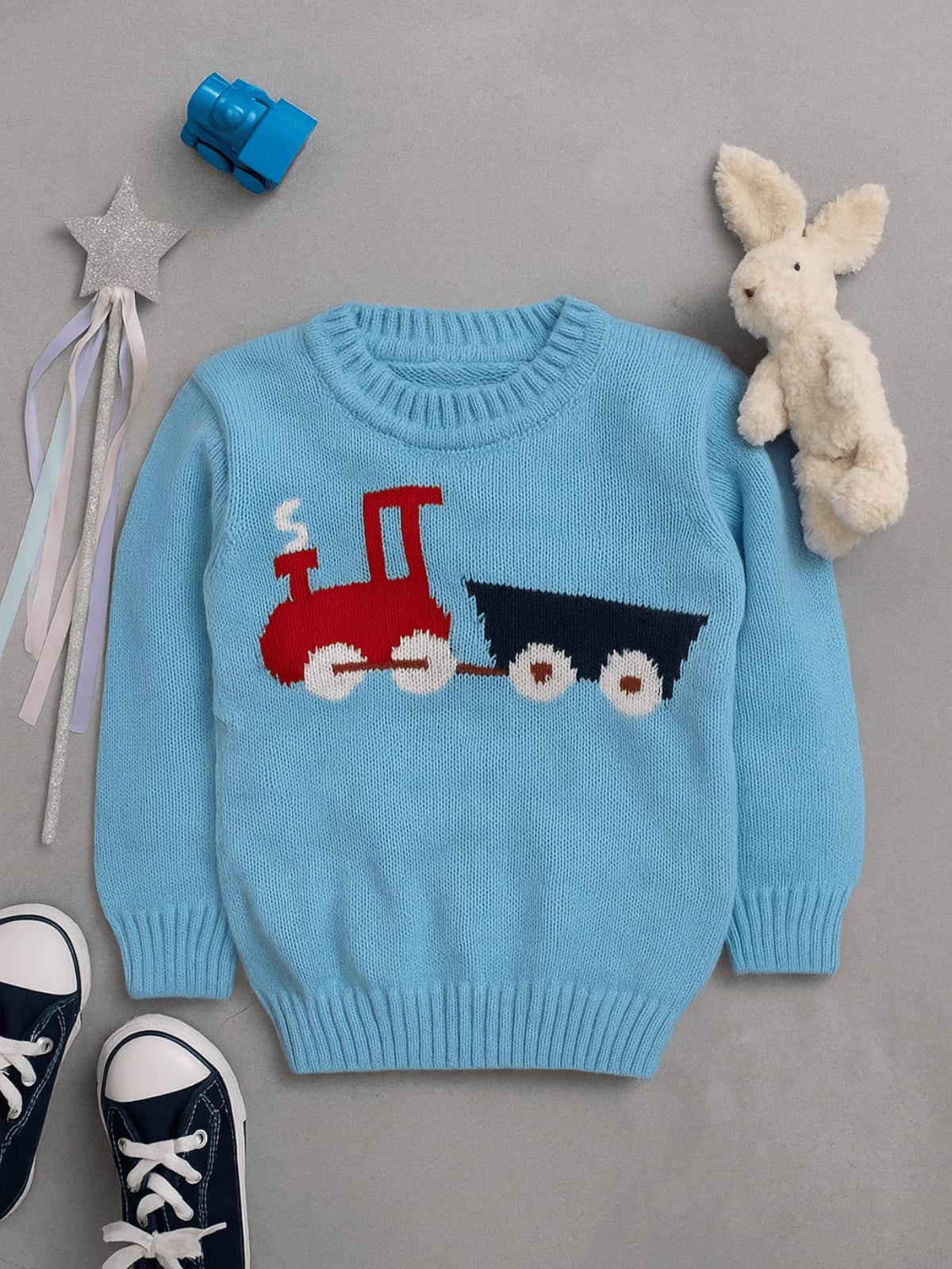 Blue train motif woollen pullover sweater for baby 6 months to 2 years by Little Angels