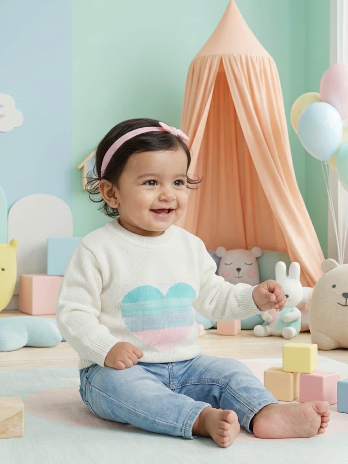 Little Angels Little Angels Baby Wool Round Neck Full Sleeves Jacquard Heart Pullover Sweater For Girls Pullover Little Love Heart Knit Pullover
