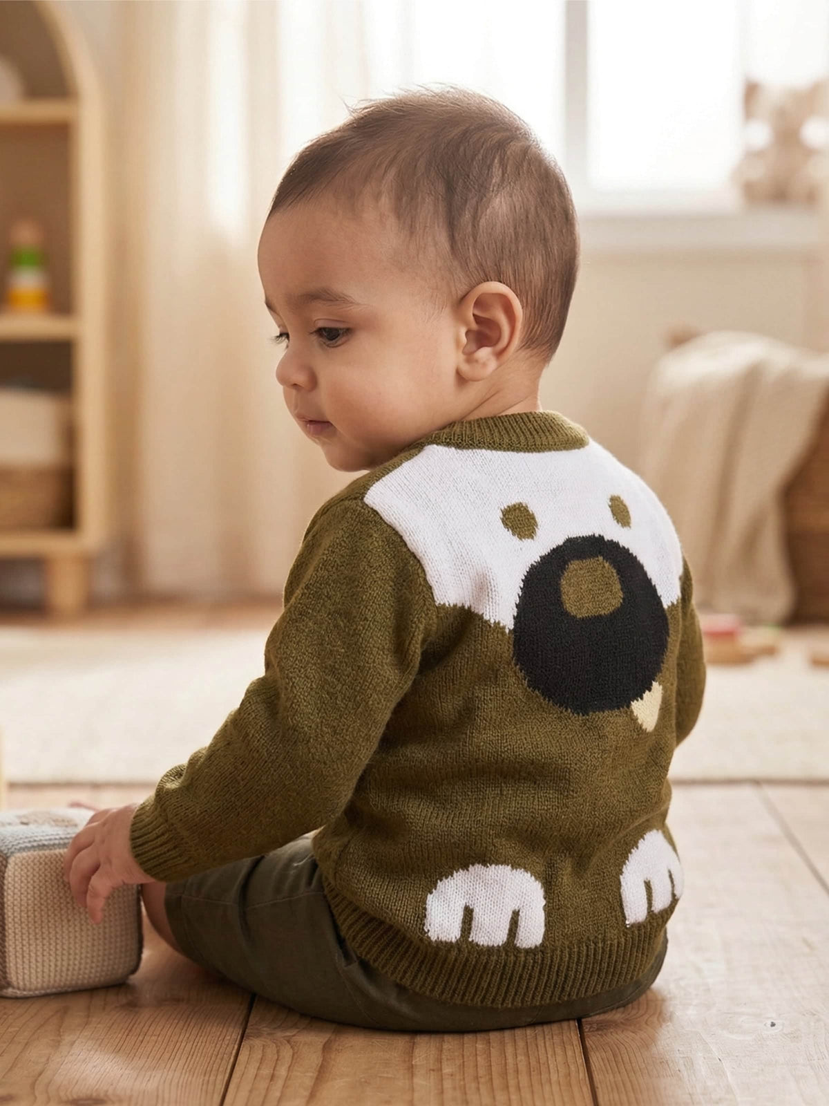 Brown bear motif woollen pullover sweater for baby 6 months to 3 years by Little Angels