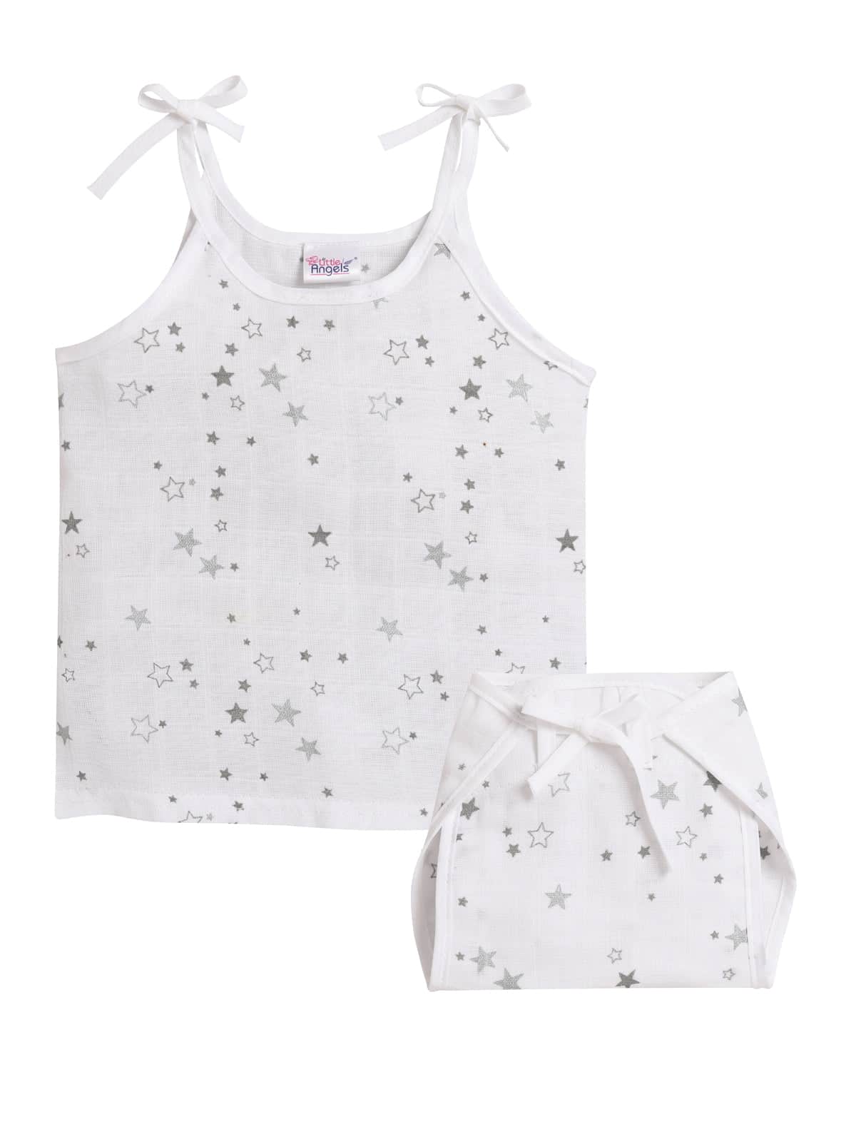 Little Angels Organic Cotton Star Print Baby Top & Bottom Set | Soft & Breathable Newborn Wear Pullover Star Print Cotton Jhabla and Nappy Set (-0-3 Months) 0-3 M / White