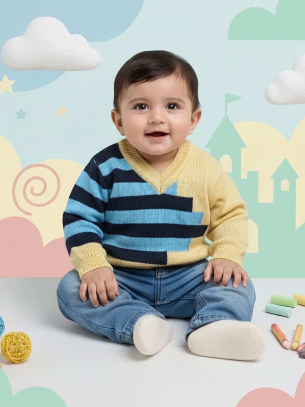 Little Angels Little Angels Baby Wool V-neck Full Sleeves Striped Pullover Sweater For Baby Boys Pullover The Snuggle Stacker Pullover