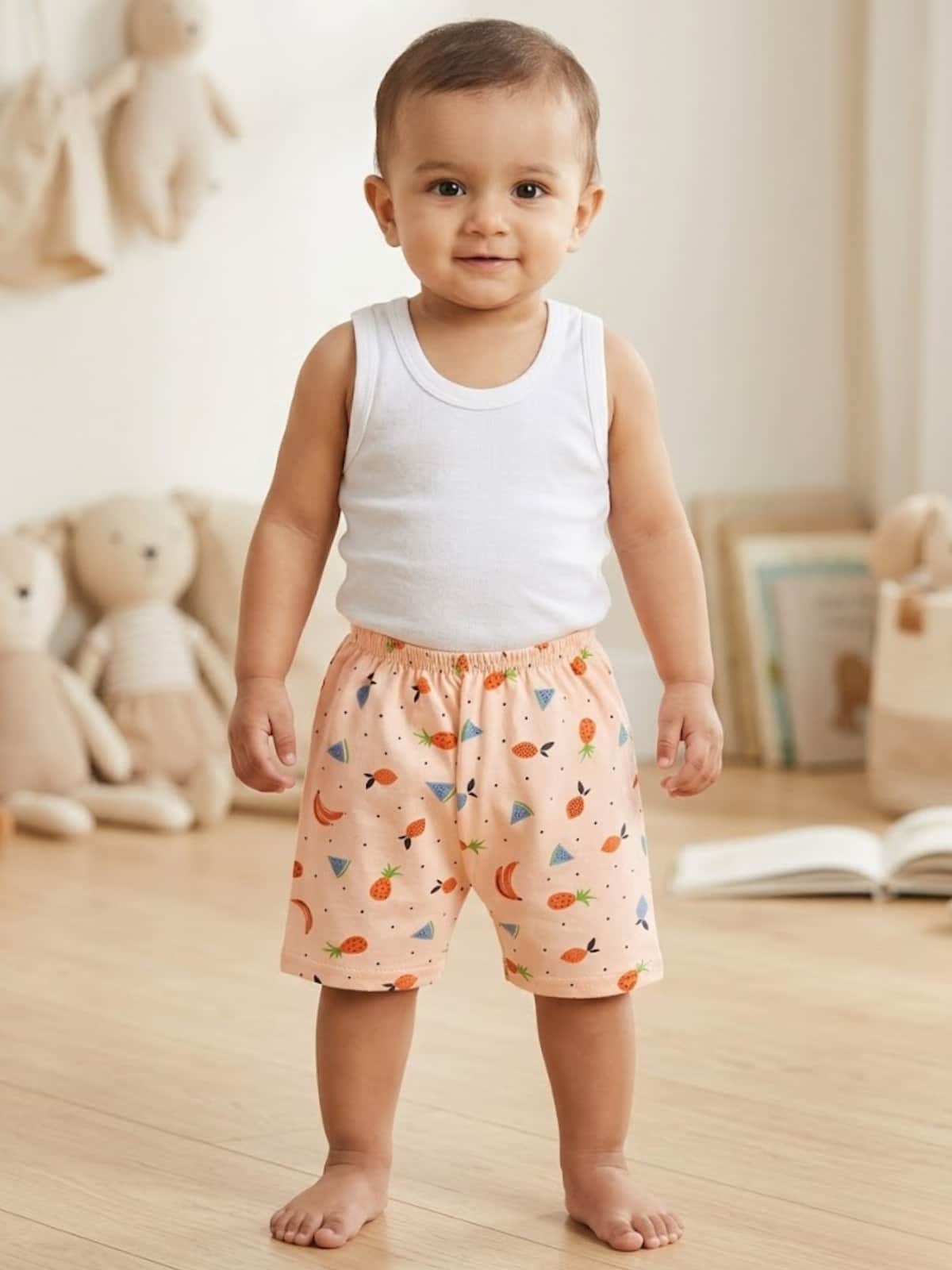 Little Angels Peach Tropical Fruit Baby Shorts | Soft Cotton Infant Summer Wear Shorts Peach Tropical Fruit Print Cotton Shorts for Infants & Toddlers 0-3 M / Peach / Cotton