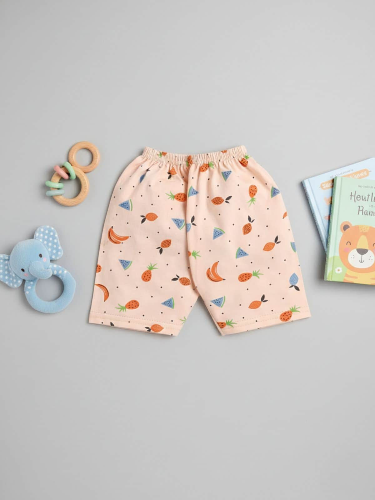 Little Angels Peach Tropical Fruit Baby Shorts | Soft Cotton Infant Summer Wear Shorts Peach Tropical Fruit Print Cotton Shorts for Infants & Toddlers