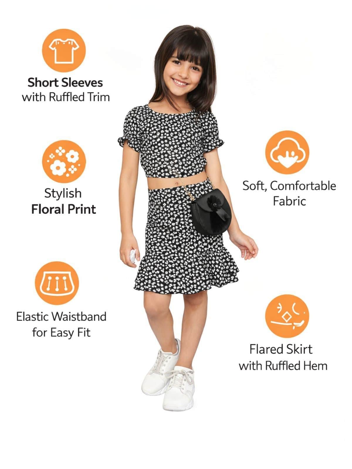 Little Angels Little Angels Round Neck Short Sleeves Black Cotton Printed Top & Skirt Set For Baby Girls Skirts Sets Little Miss Twirl Outfit Set