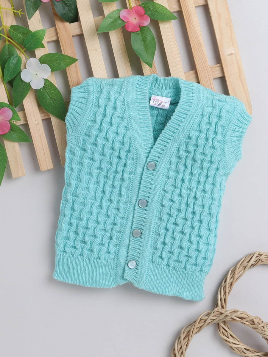 Green reversible basketweave woollen sleeveless vest for baby 3 months to 2 years by Little Angels