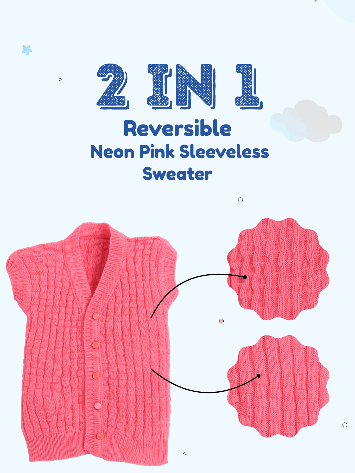 Little Angels Little Angels Baby Wool V-Neck Basketweave Reversible Sleeveless Sweater For Baby Boys and Girls Sleeveless/vests 2 in 1 Reversible Mint Green Sleeveless Sweater 3-6M / NeonPink / Baby Wool