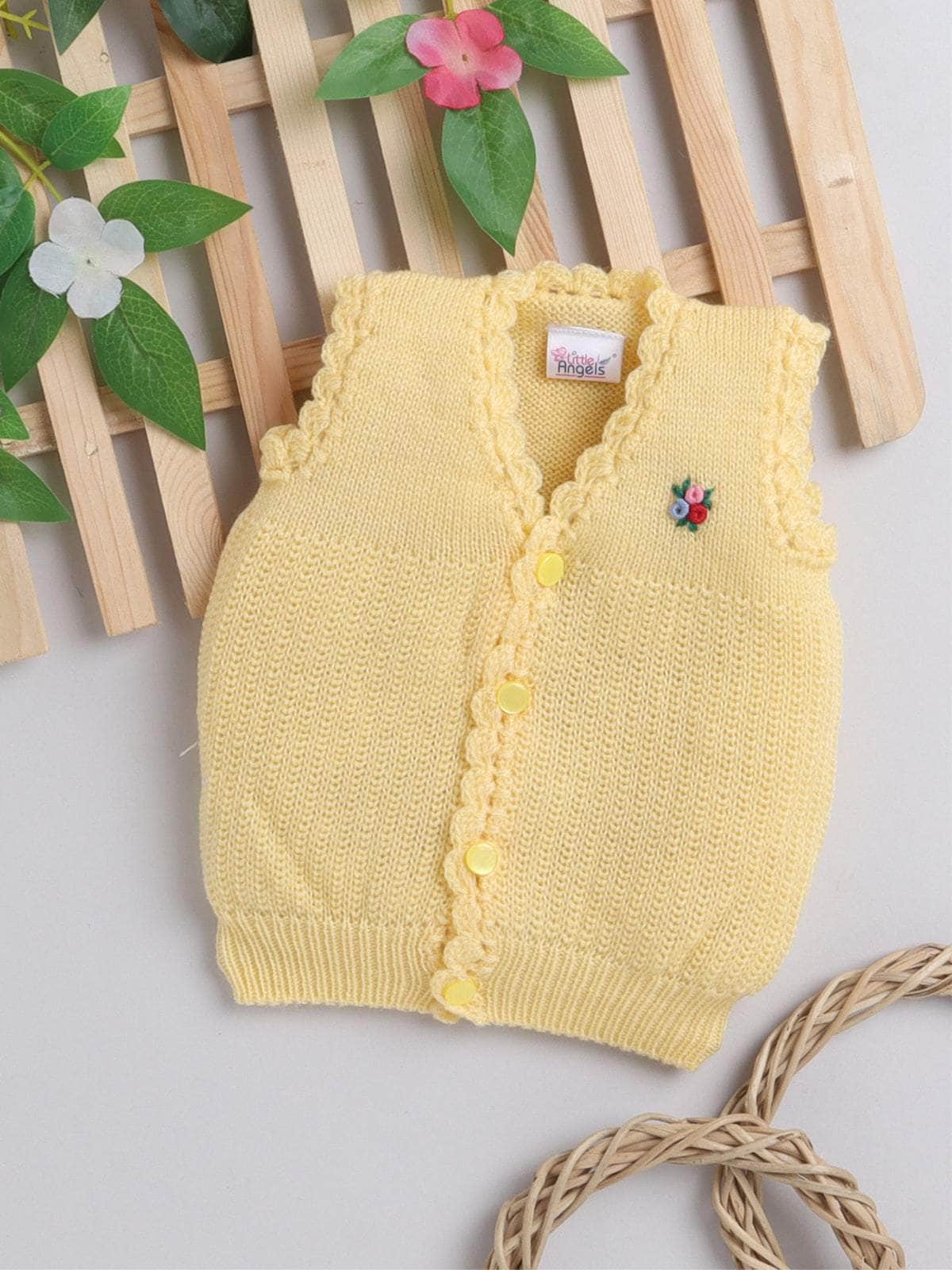 Little Angels Little Angels Baby Wool V-Neck Embroidered Sleeveless Cardigan For Baby Boys and Girls Sleeveless/vests Button Bloom Cozy Cardigan 0-3M / Yellow / Baby Wool