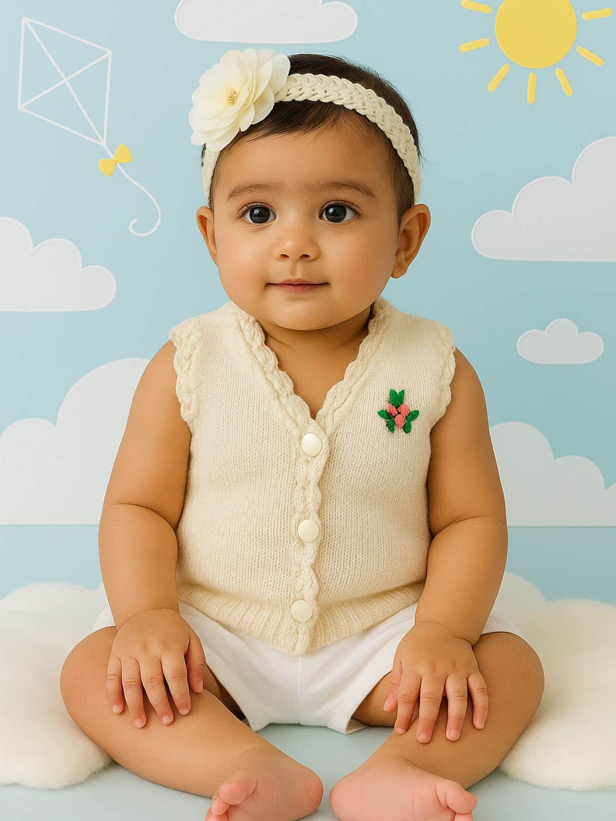 Little Angels Little Angels Baby Wool V-Neck Embroidered Sleeveless Cardigan For Baby Boys and Girls Sleeveless/vests Button Bloom Cozy Cardigan
