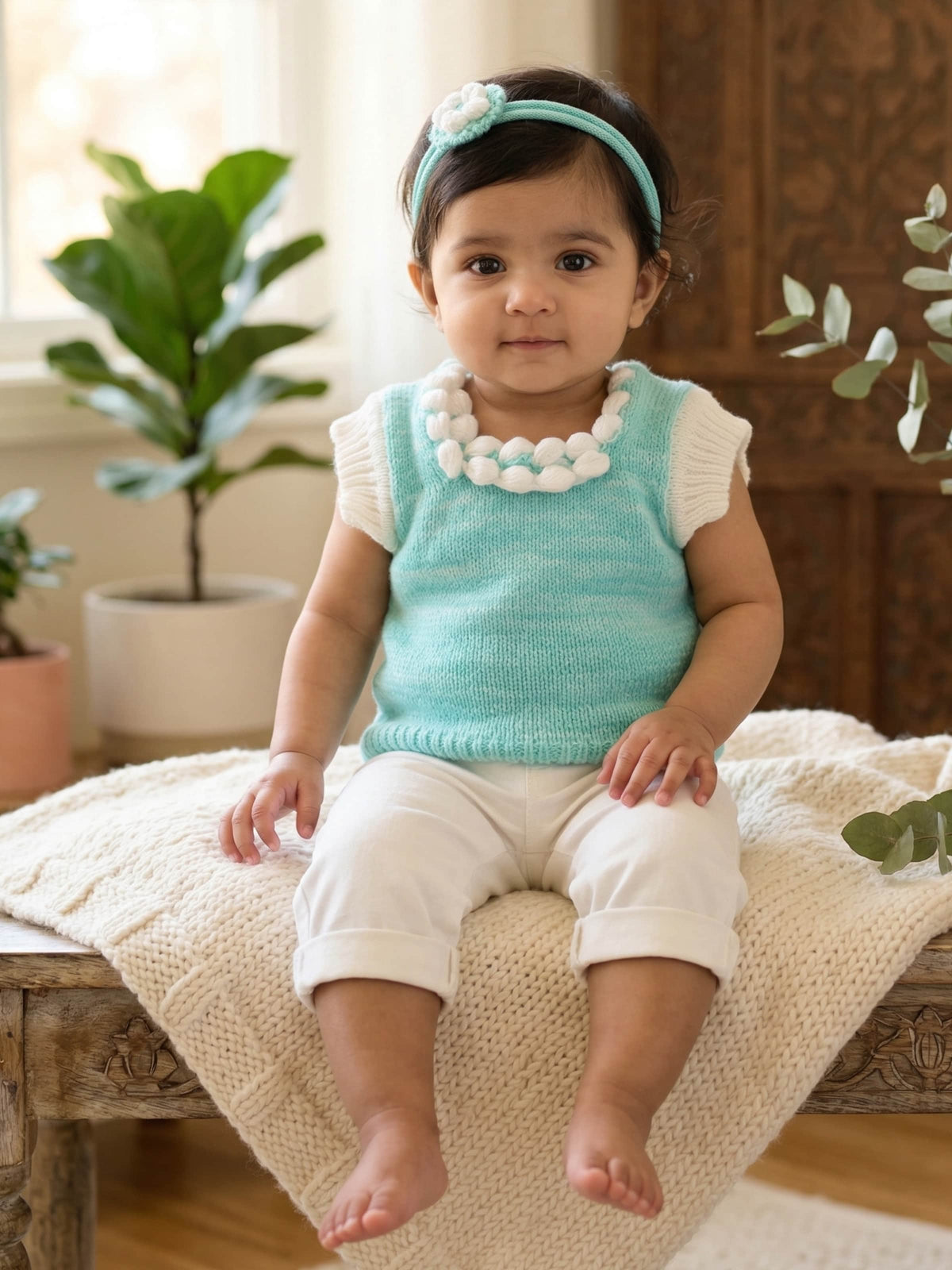 Green woollen sleeveless vest for baby 3-6 months by Little Angels