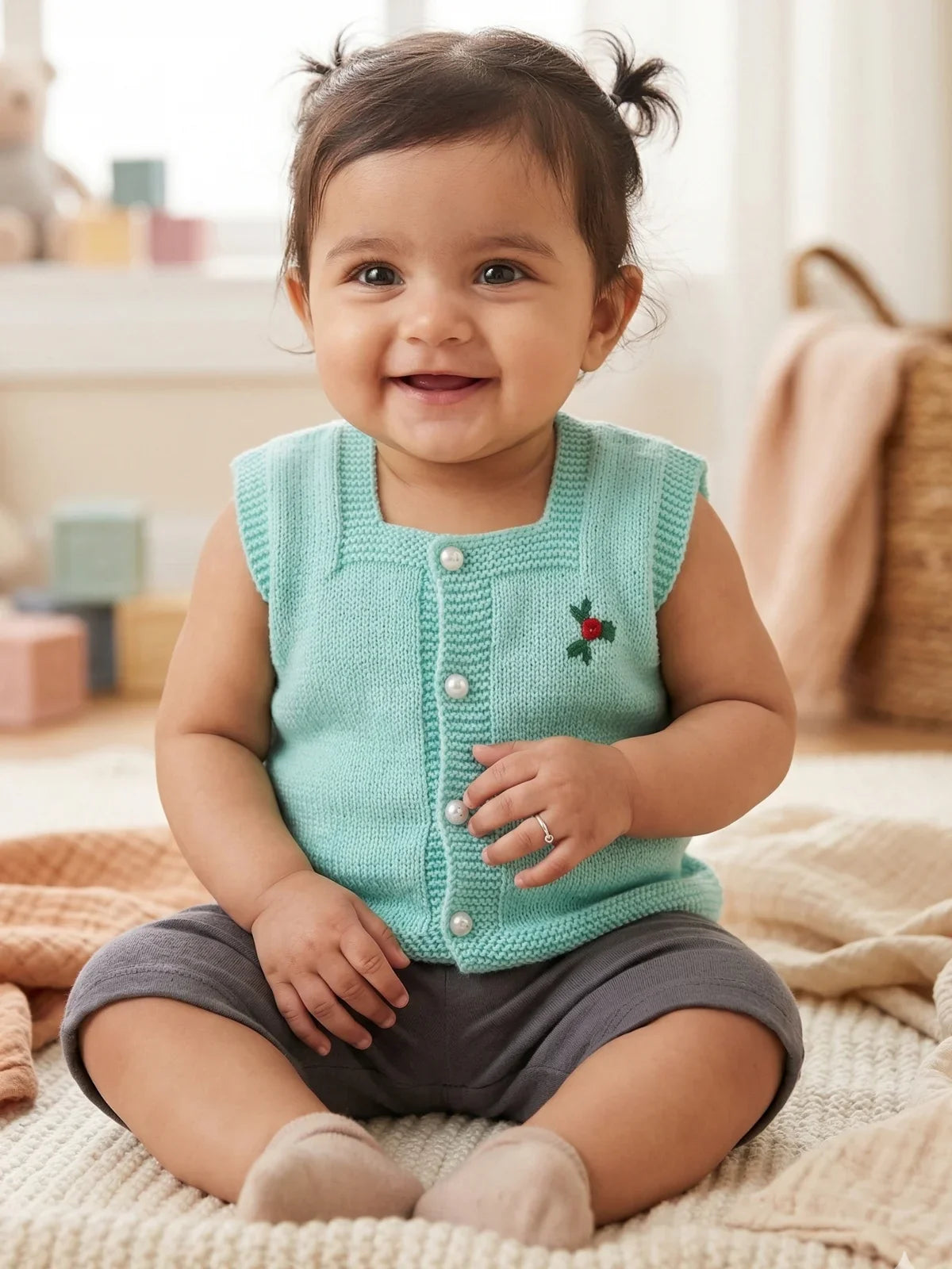 Green embroidered woollen sleeveless vest for newborn 0-6 months by Little Angels