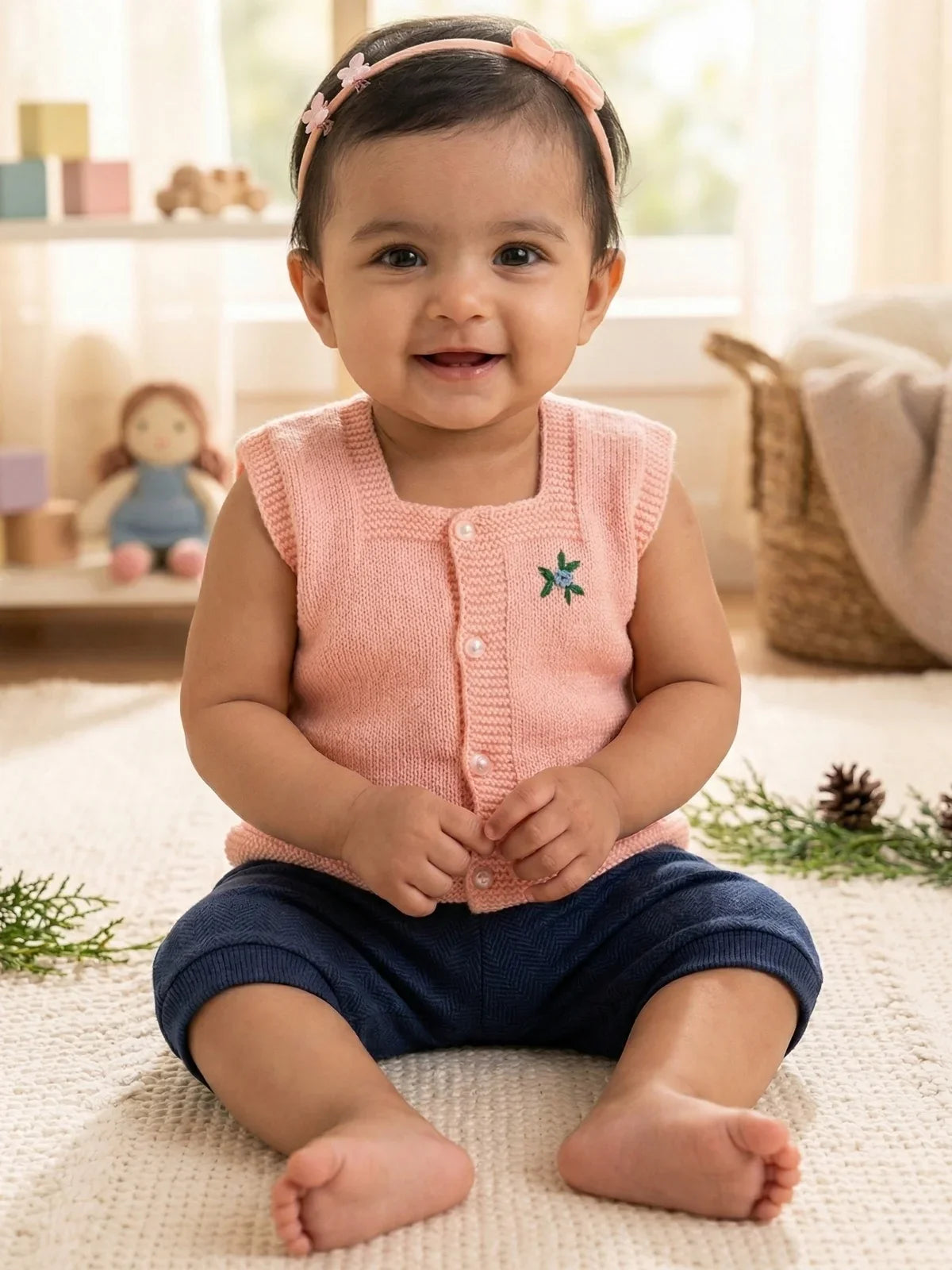 Pink embroidered woollen sleeveless vest for newborn 0-6 months by Little Angels