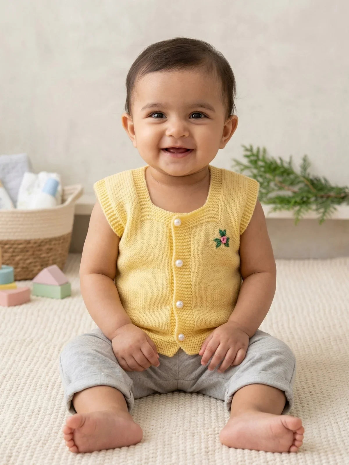 Yellow embroidered woollen sleeveless vest for newborn 0-6 months by Little Angels