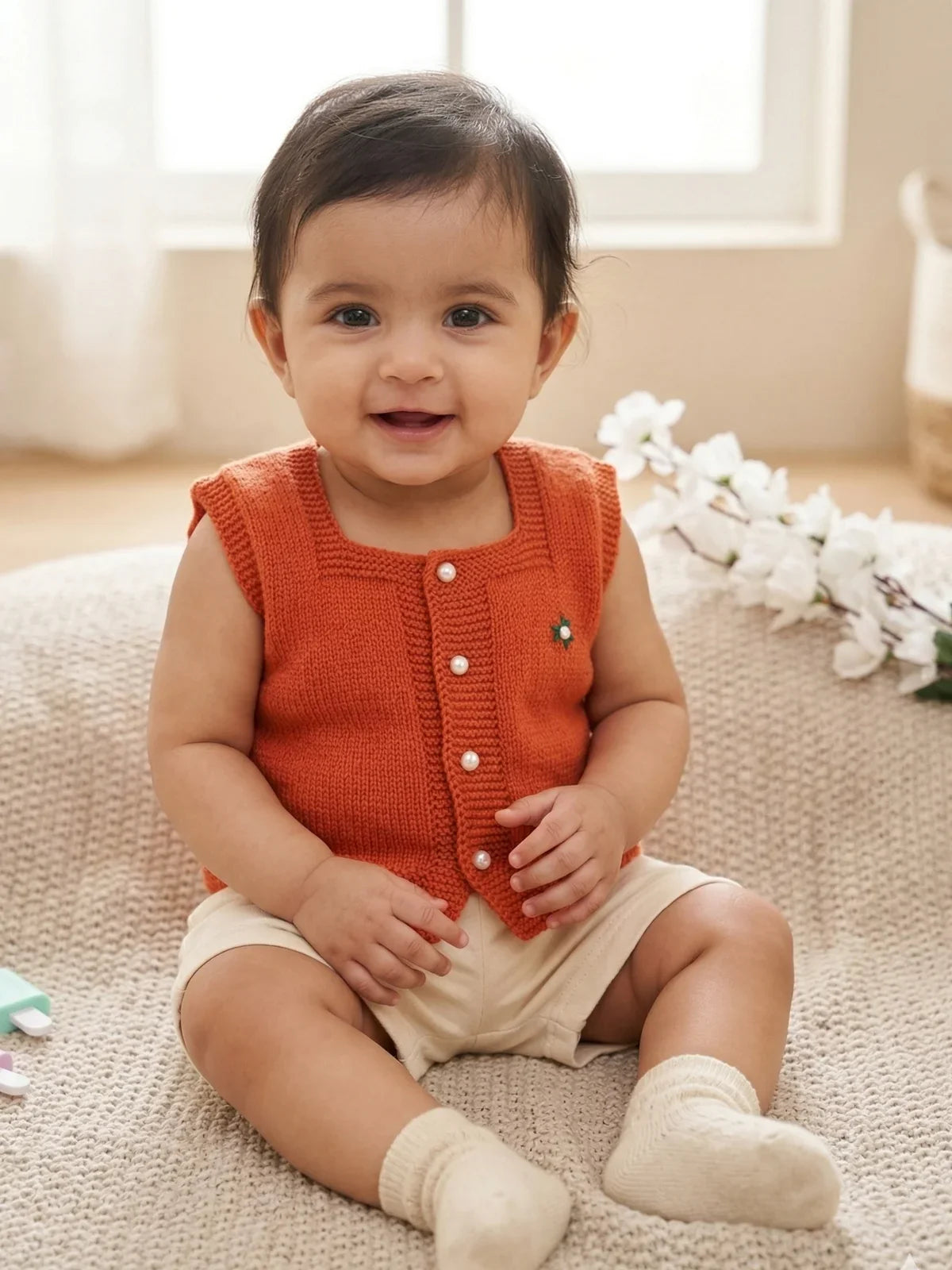 Orange embroidered woollen sleeveless vest for newborn 0-6 months by Little Angels