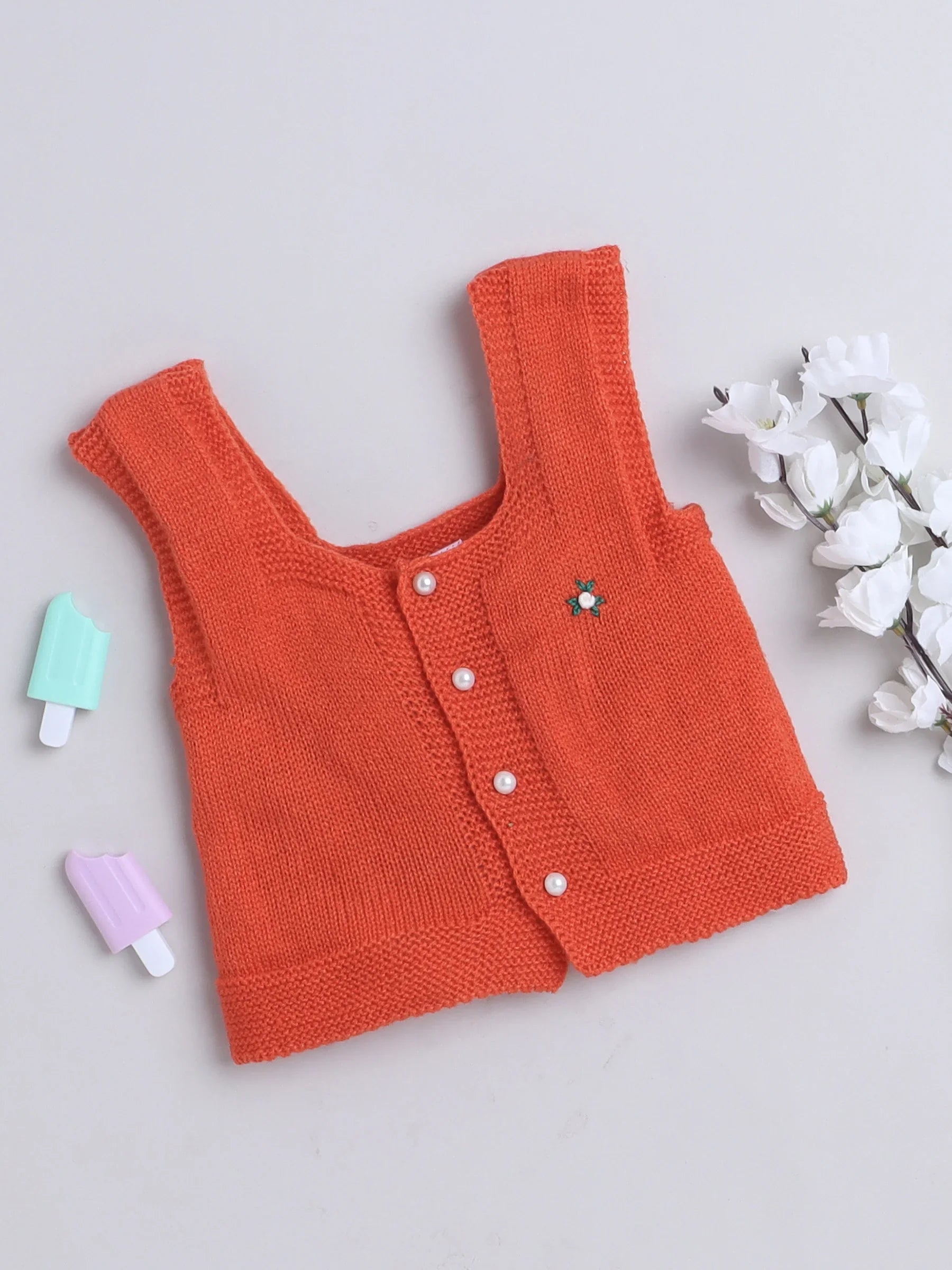 Little Angels Square Neck Embroidered Sleeveless Vest For Baby Girls Sleeveless/vests Little Buds Winter Knit Charm Vest 0-6M / Orange / Soft Wool