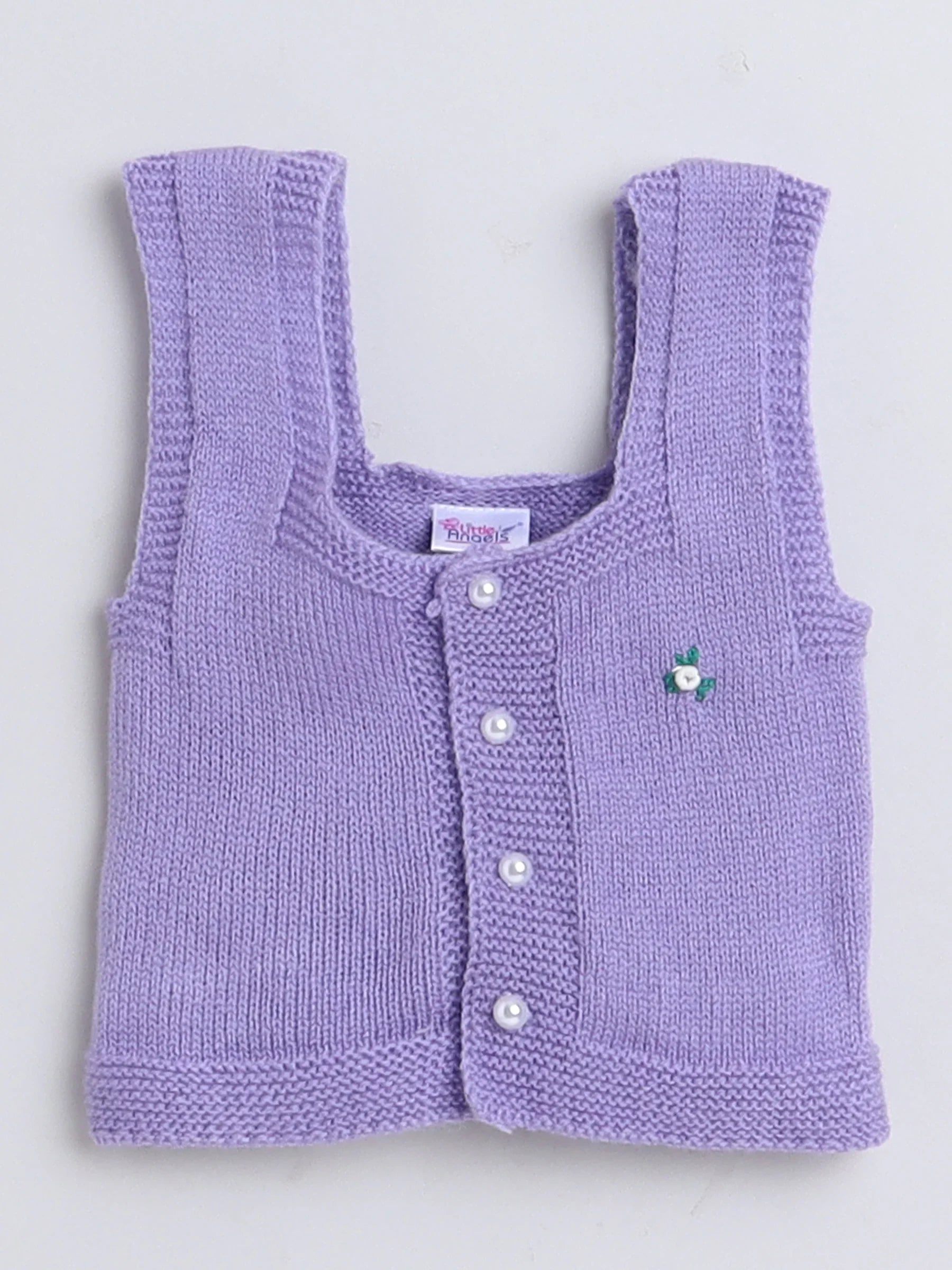 Little Angels Little Angels Baby Wool Square Neck Embroidered Sleeveless Cardigan For Baby Boys and Girls Sleeveless/vests Little Buds Winter Knit Charm Vest 0-6M / Violet / Baby Wool
