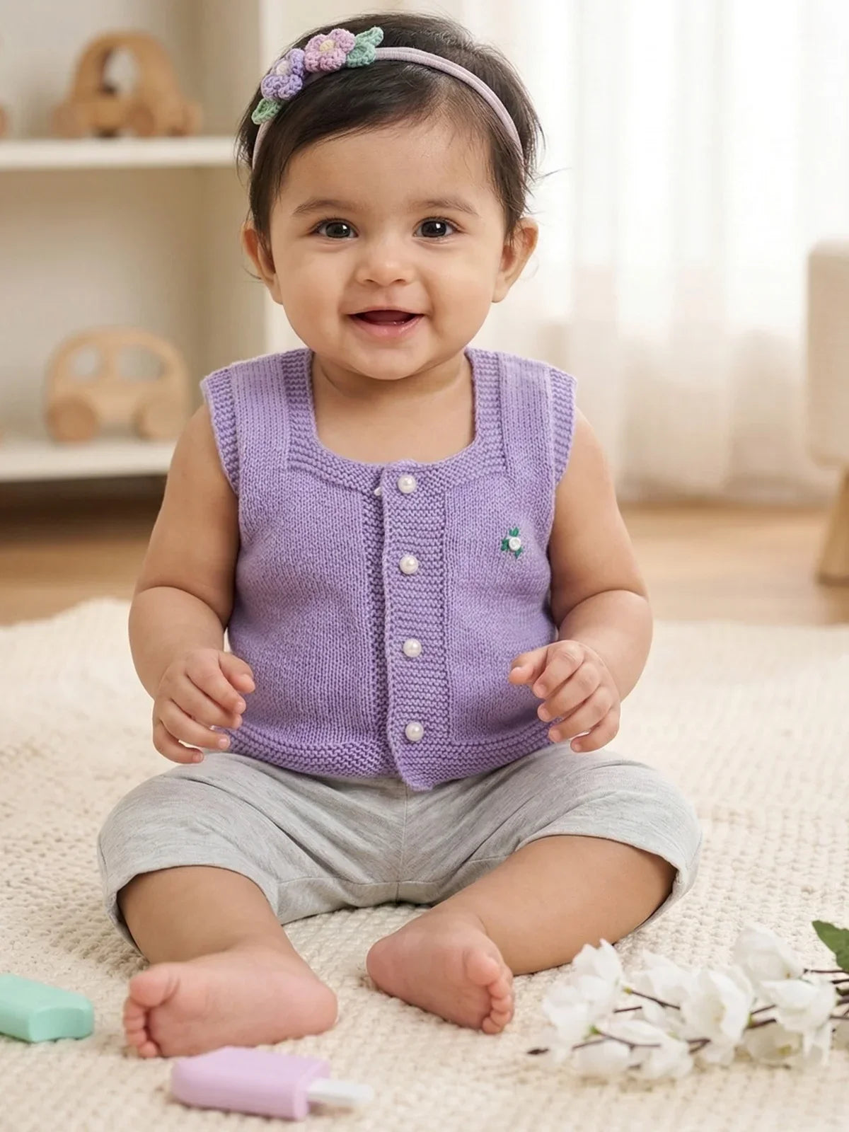 Violet embroidered woollen sleeveless vest for newborn 0-6 months by Little Angels