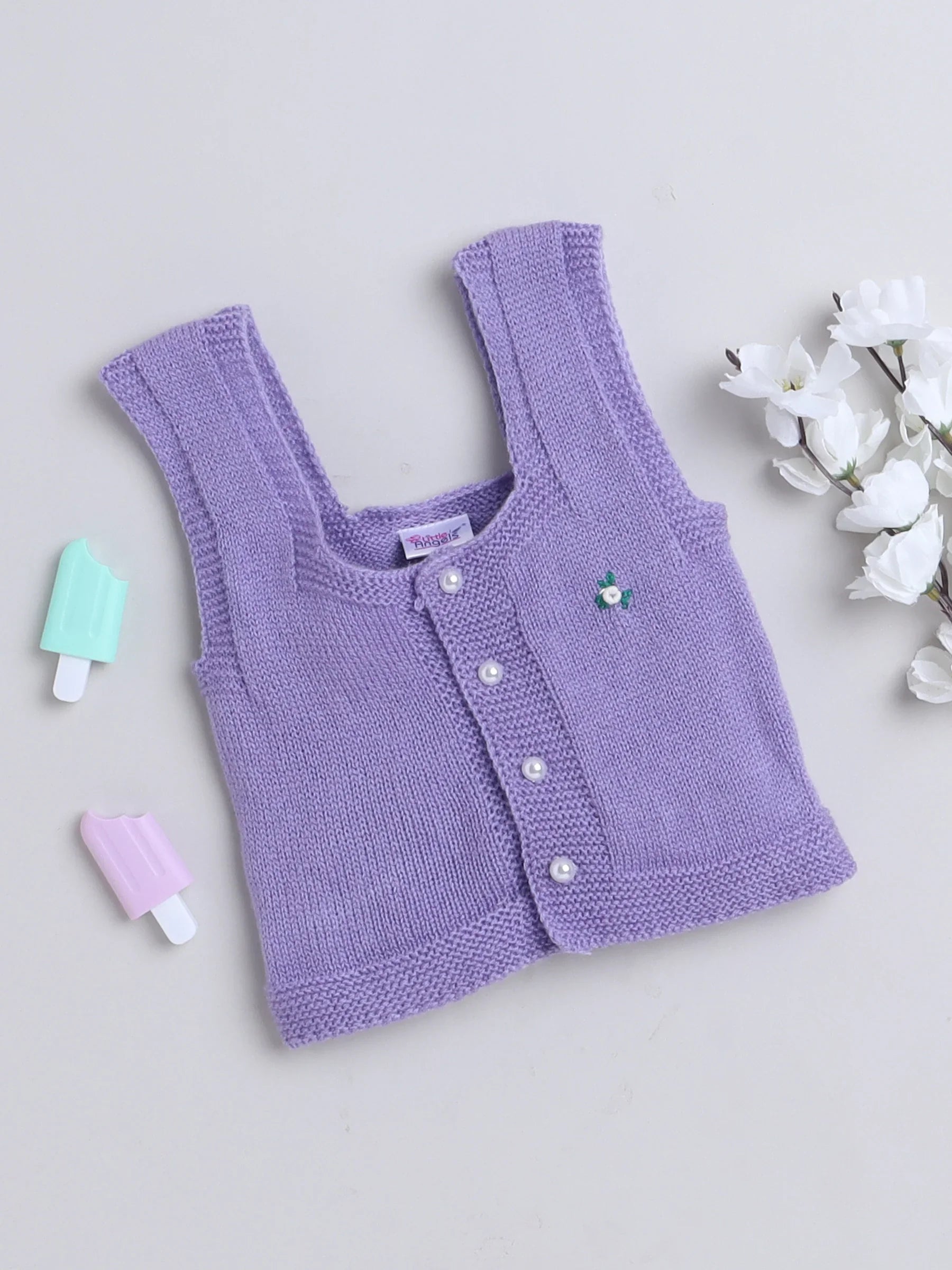 Little Angels Little Angels Baby Wool Square Neck Embroidered Sleeveless Cardigan For Baby Boys and Girls Sleeveless/vests Little Buds Winter Knit Charm Vest 0-6M / Violet / Baby Wool