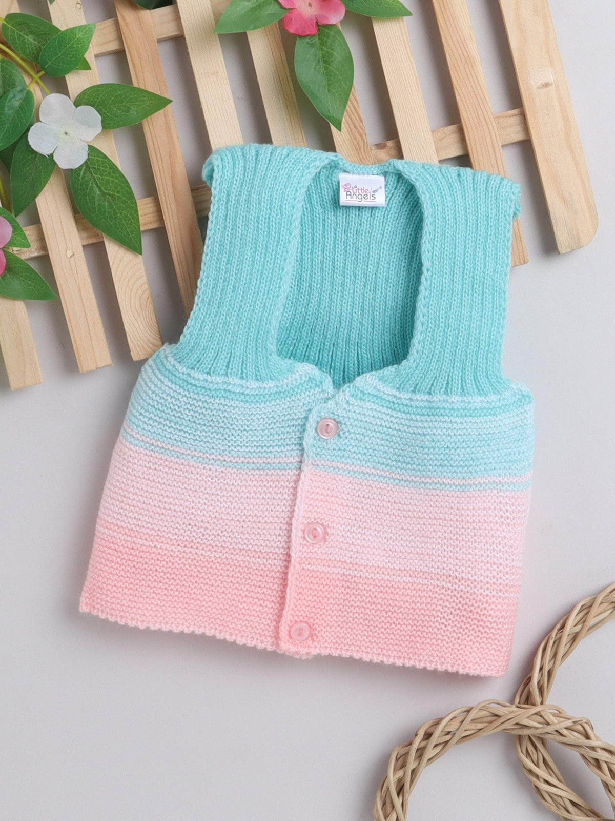 Green colour-block woollen sleeveless vest for newborn 0-3 months by Little Angels