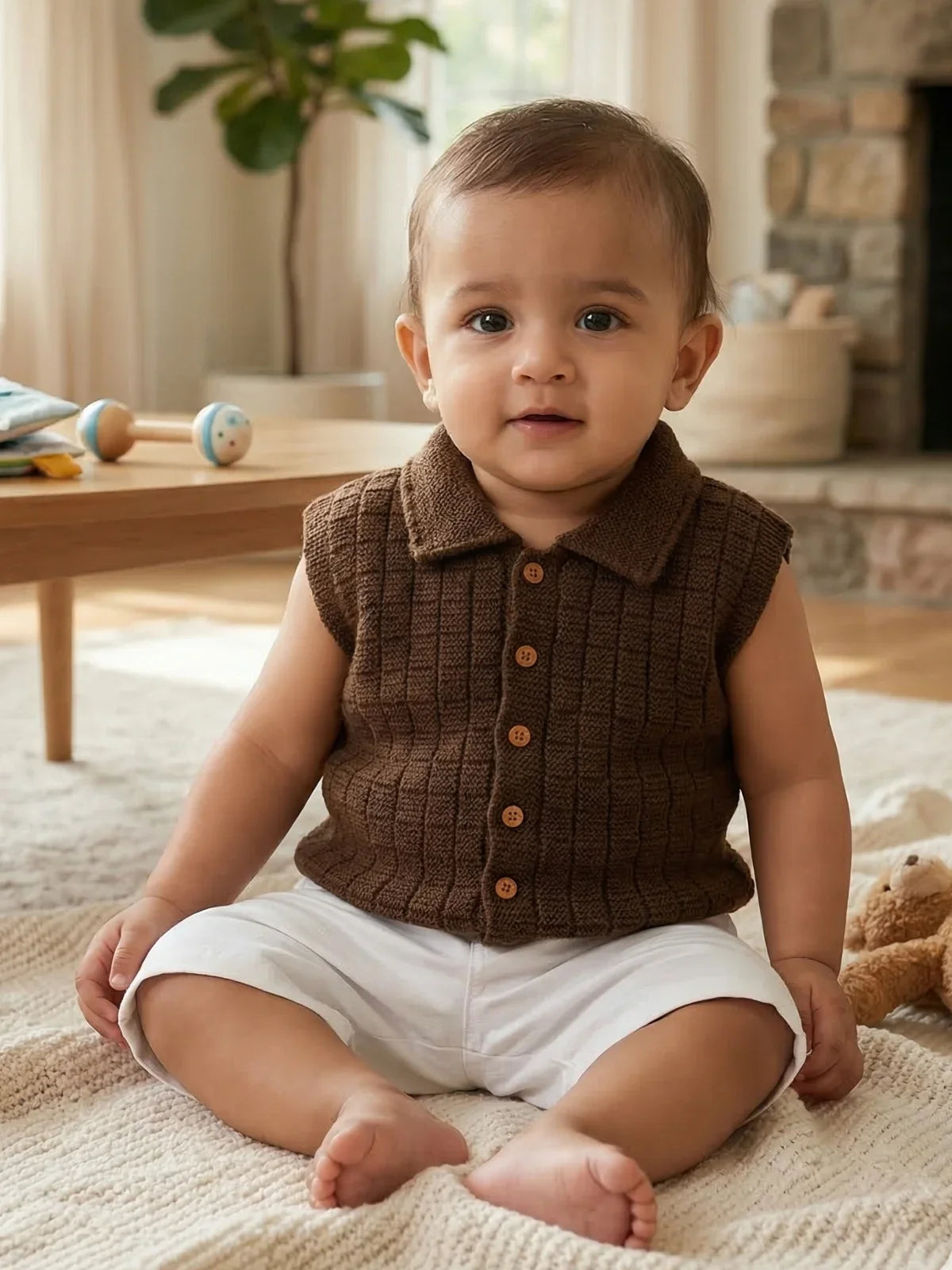 Rust checkered woollen sleeveless vest for newborn 0-12 months by Little Angels